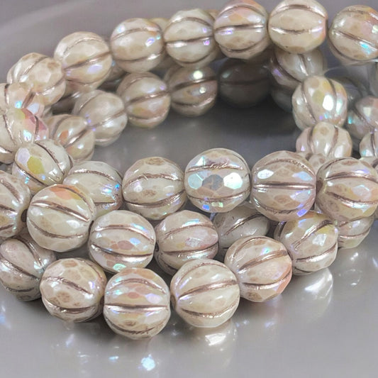 8mm Beige Faceted Melon Shape Bead with AB and Metallic Beige Wash, Czech Glass Beads (8FM/N-1779) * Qty. 20