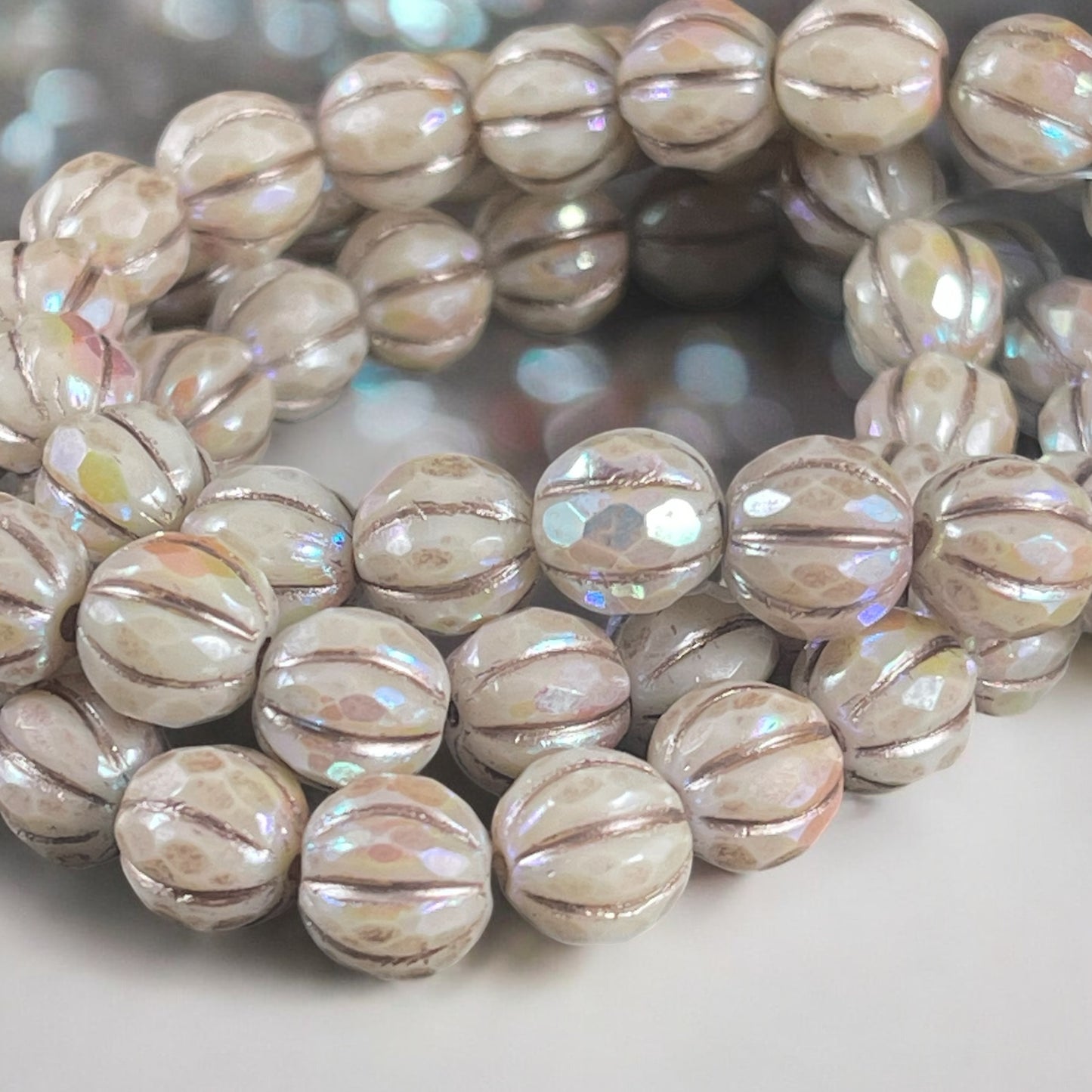 8mm Beige Faceted Melon Shape Bead with AB and Metallic Beige Wash, Czech Glass Beads (8FM/N-1779) * Qty. 20