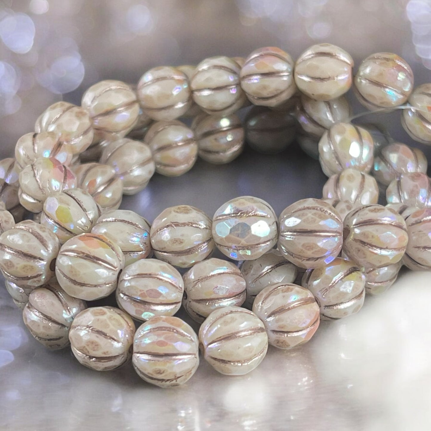 8mm Beige Faceted Melon Shape Bead with AB and Metallic Beige Wash, Czech Glass Beads (8FM/N-1779) * Qty. 20