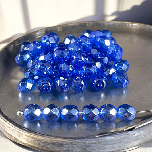 6mm Shimmery Sapphire Czech Glass Beads, 6mm Faceted Round Fire Polished Beads ~ Sapphire Blue Luster (FP6-3005L) * Qty 255L) * Qty 25