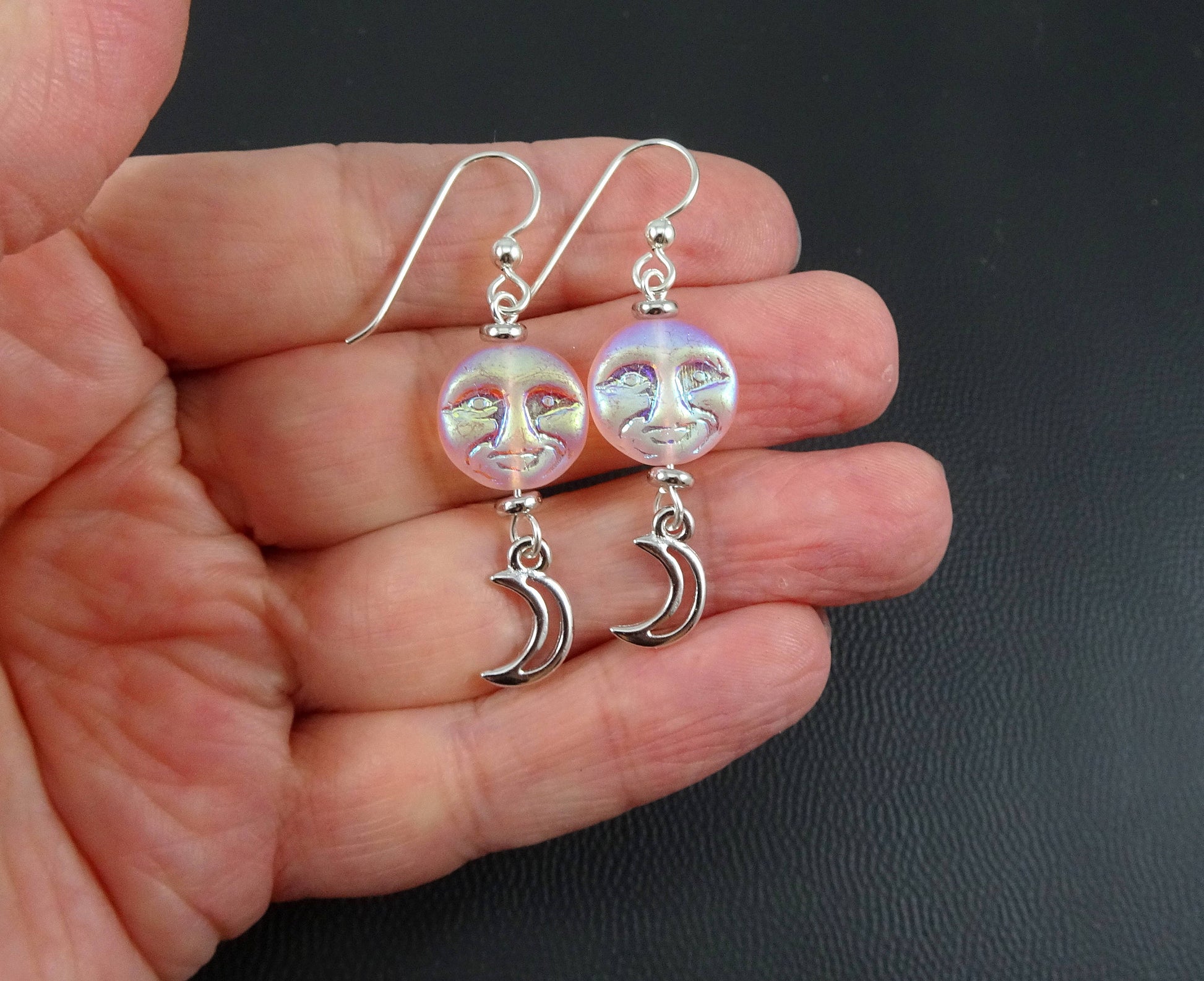 Czech Glass Moon Face Beads, Opaque White with Gold Wash (MOON/RJ-4739) * Qty. 6