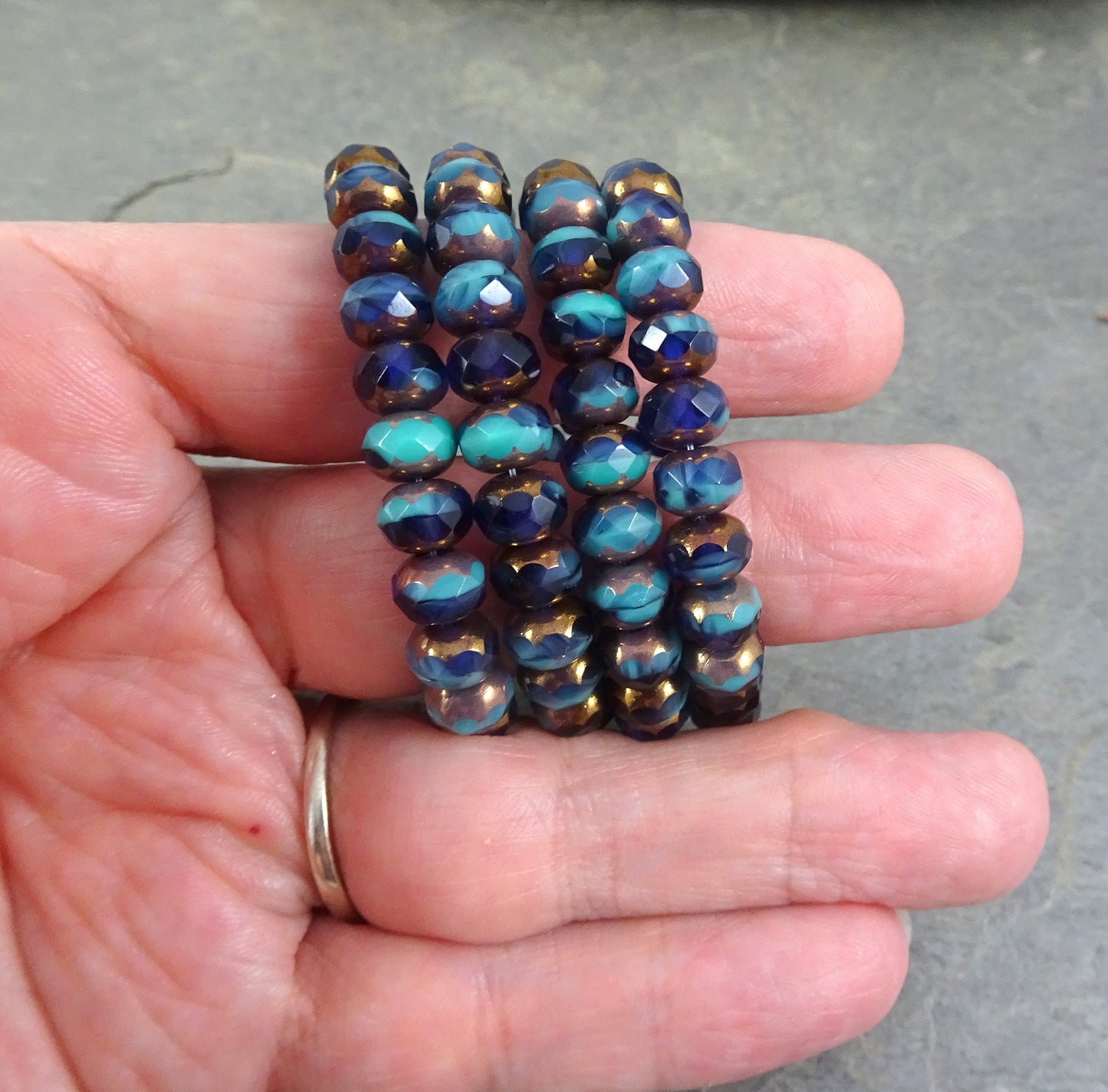 Purple and Turquoise Czech Beads, 7x5mm Rondelle, Czech Glass Beads, Dark Purple and Blue Mix with Copper Picasso (R7/RJ-1902) * Qty 25