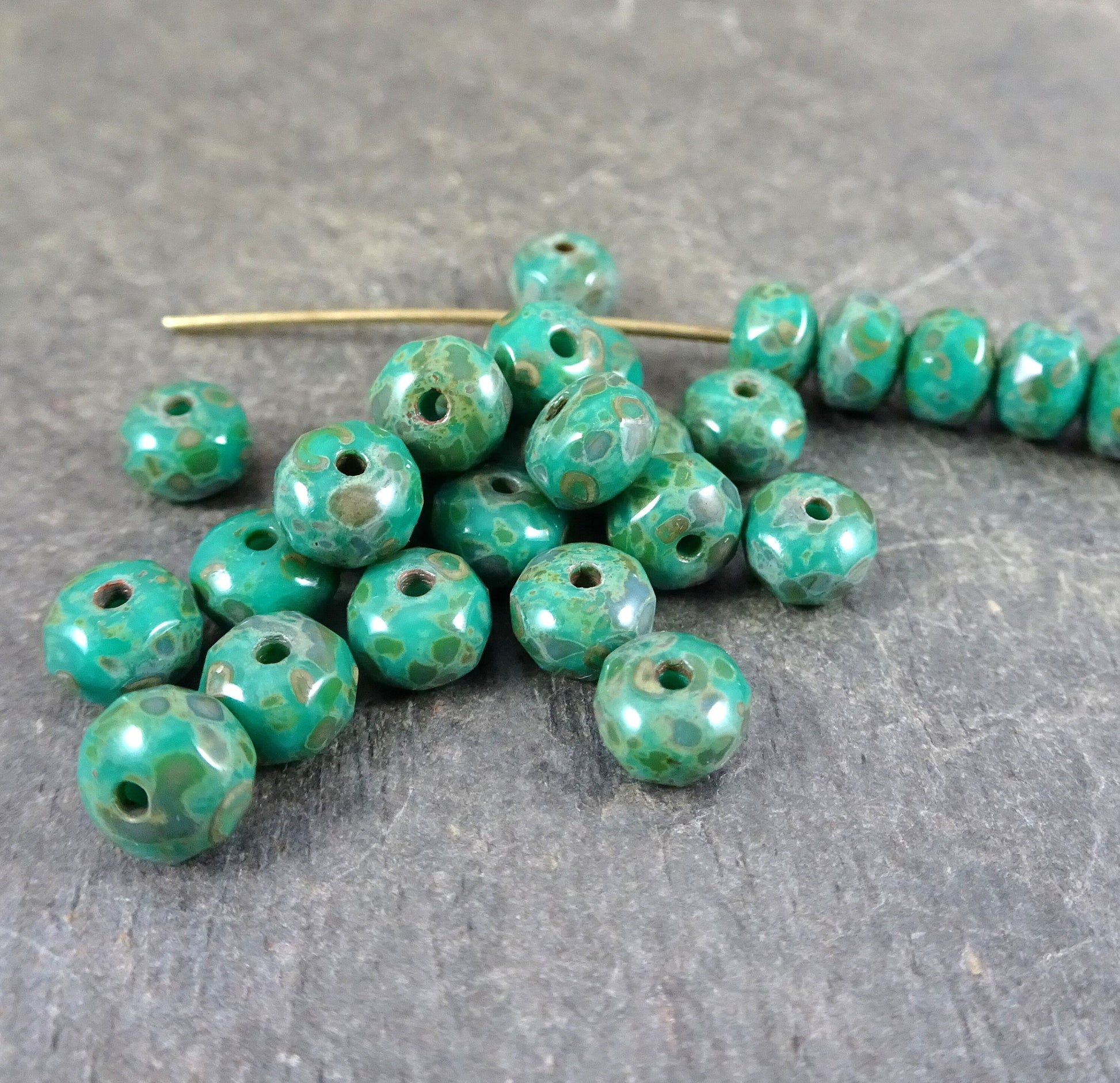 Turquoise Green Picasso Beads, Czech Glass Beads, 5x3mm Faceted Rondelle (R5/RJ-2310) * Qty. 30