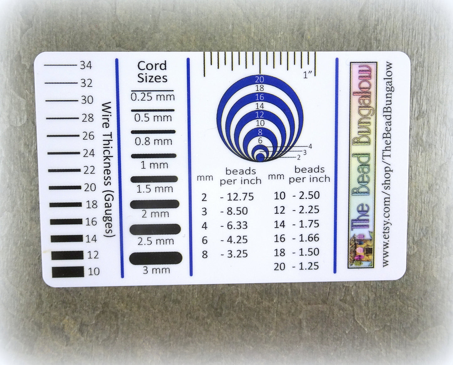 Jewelry Makers Tool ~ Measuring Guide (Credit Card Size) for Measuring Beads, Wire, Cord, Beads per Inch, Centimeters, Millimeters, Gauges
