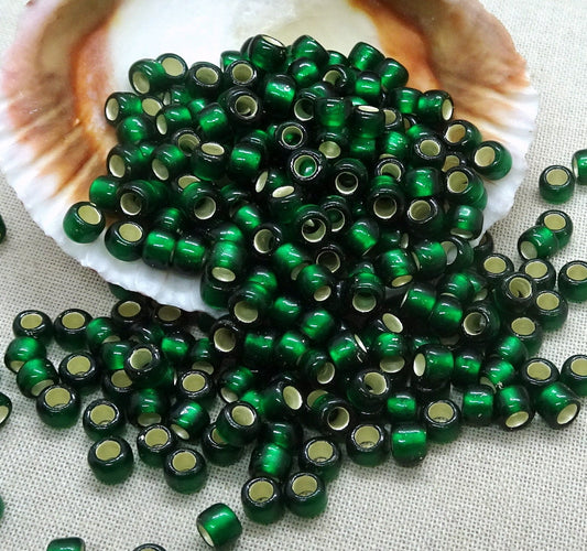 Frosted Emerald Green Seed Beads TOHO 6/0 Round Green Beads with Silver Core (T6/SM-36F) 6/0 Glass Seed Beads 4mm Beads * 20 Grams