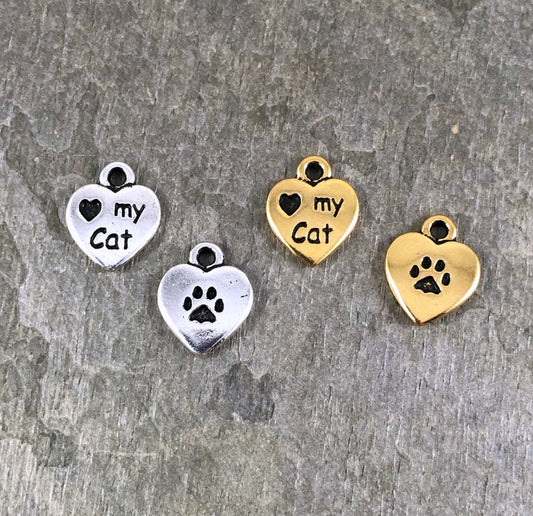 I Love My Cat Charms TierraCast Cat Lover Charms 10x13mm Heart Antiqued Gold Heart Cat Charm Antiqued Silver Heart Charm (2199) - Qty. 4