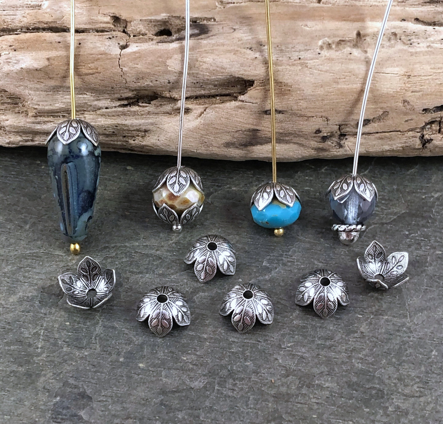 Silver Leaf Embossed Bead Caps, Oxidized Silver Plated Brass Bead Caps, 8mm Bead Caps, Silver Floral Bead Caps (VJS-R408) * Qty. 8