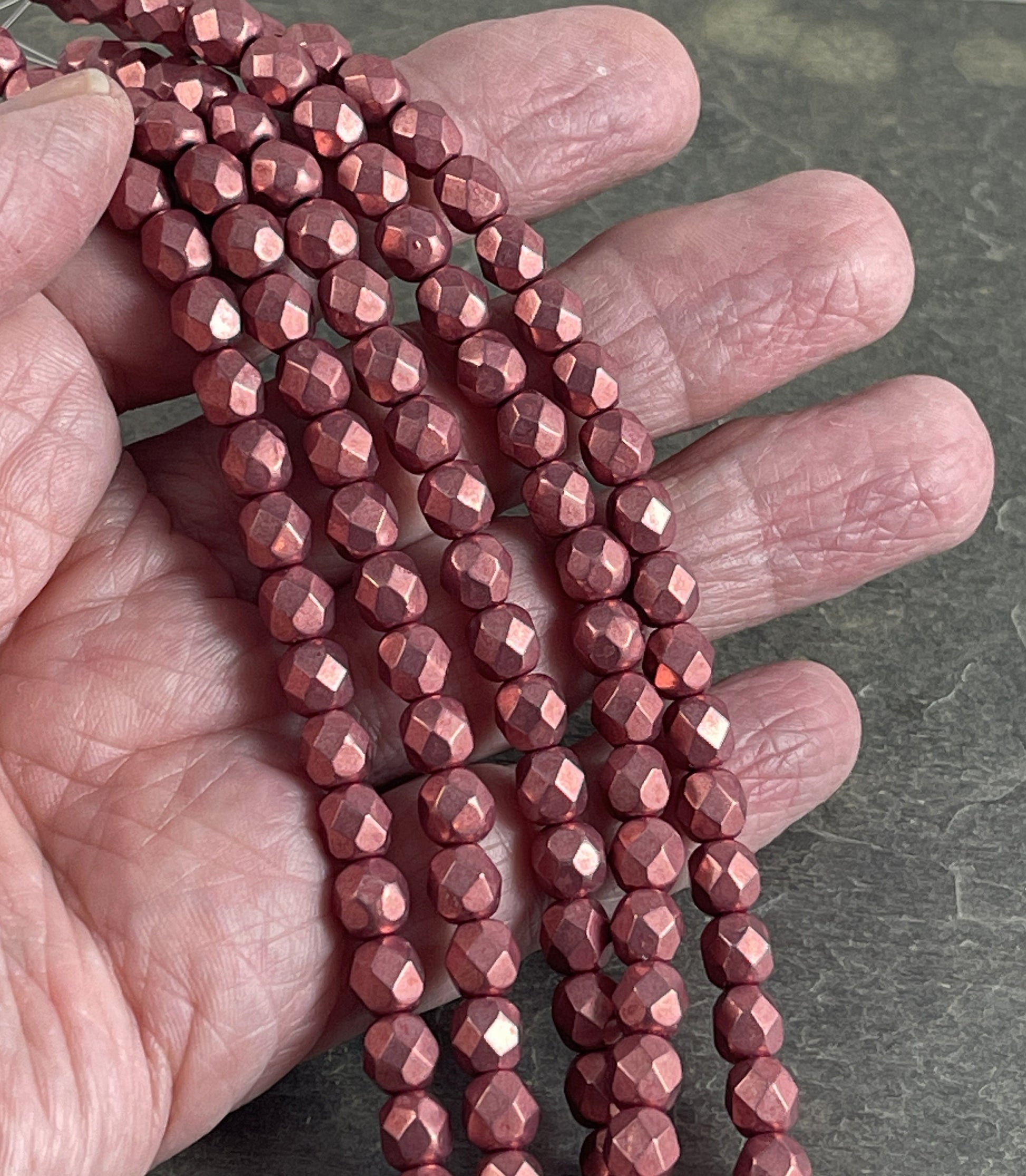 Rose Gold Czech Glass Beads - 6mm Fire Polished Beads, 6mm Faceted Round Beads - Coppery Pink Metallic Beads (FP6/SM-08A02) * Qty. 25