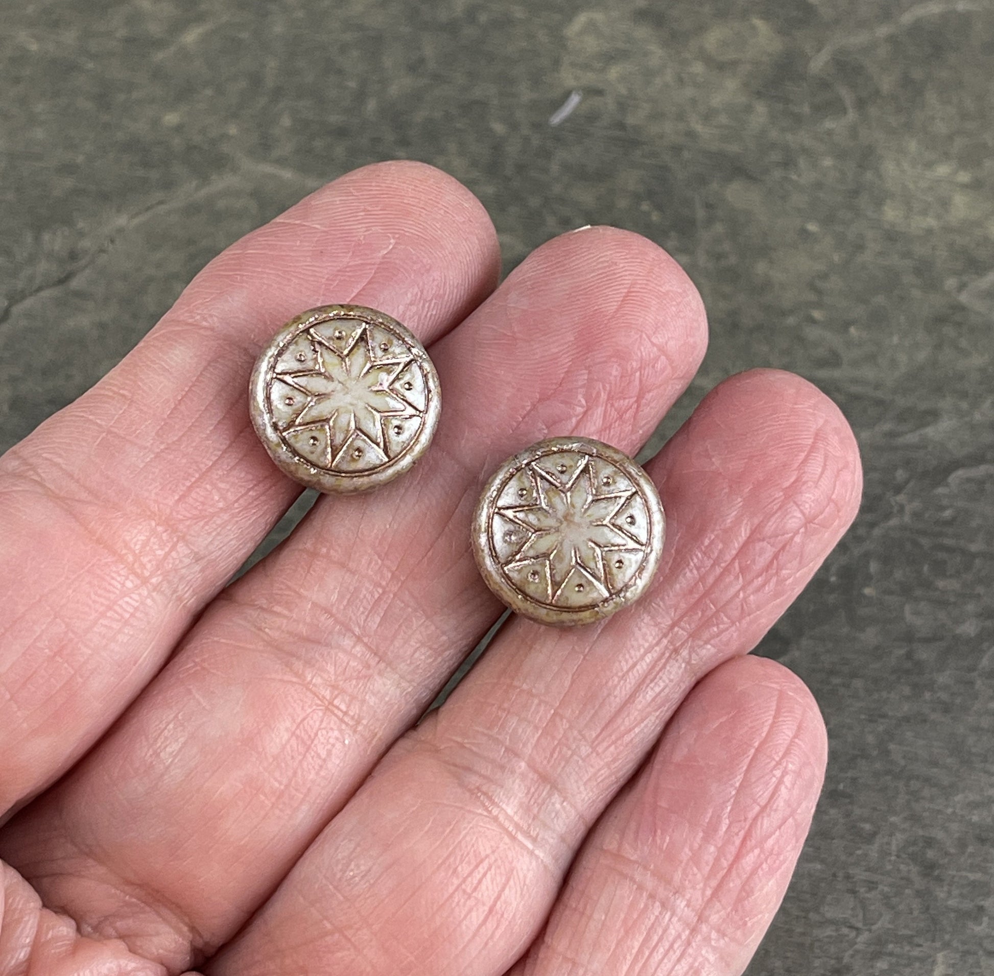 Czech Glass Beads - 14mm Star of Ishtar, Alabaster Beige with Platinum Wash (PSOI-9) * Qty. 6
