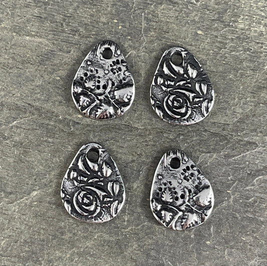 Small Silver Floral Theme Teardrop Charms ~ TierraCast Dulce Vida Collection ~ Antiqued Pewter Flora Charms (TC/2495-40) * Qty. 4