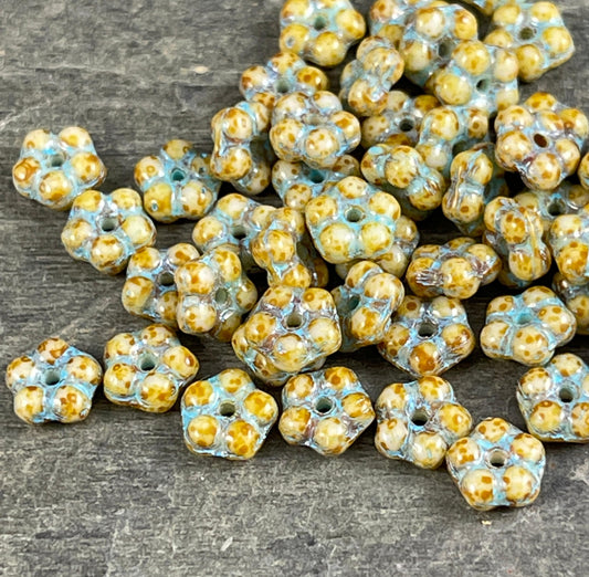 Forget Me Not Daisy Spacers, Czech Glass Beads, Beige Picasso with Blue Wash, 5mm Flower Spacer Beads (FMN/N-1423) - Qty. 50