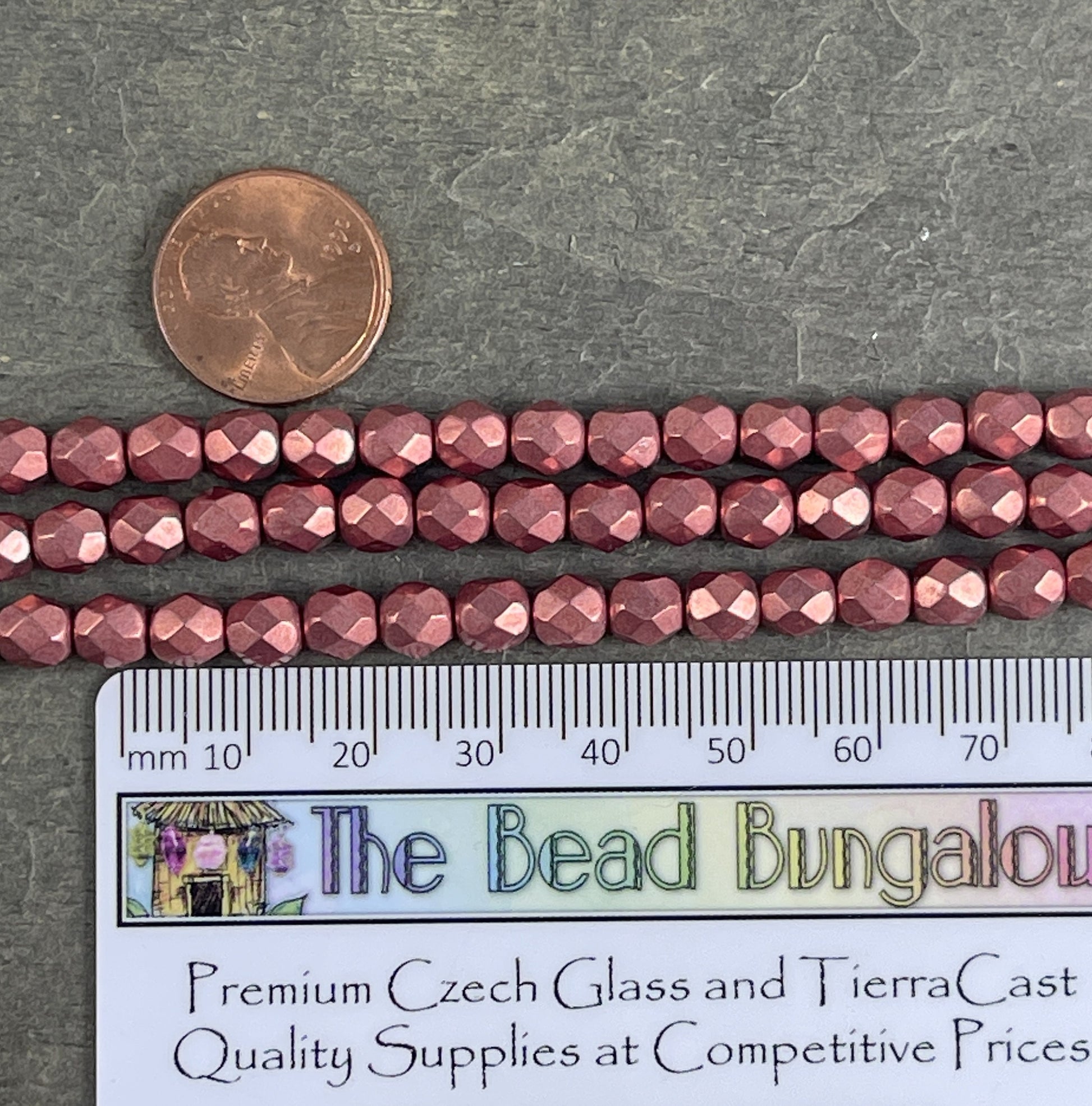 Rose Gold Czech Glass Beads - 6mm Fire Polished Beads, 6mm Faceted Round Beads - Coppery Pink Metallic Beads (FP6/SM-08A02) * Qty. 25