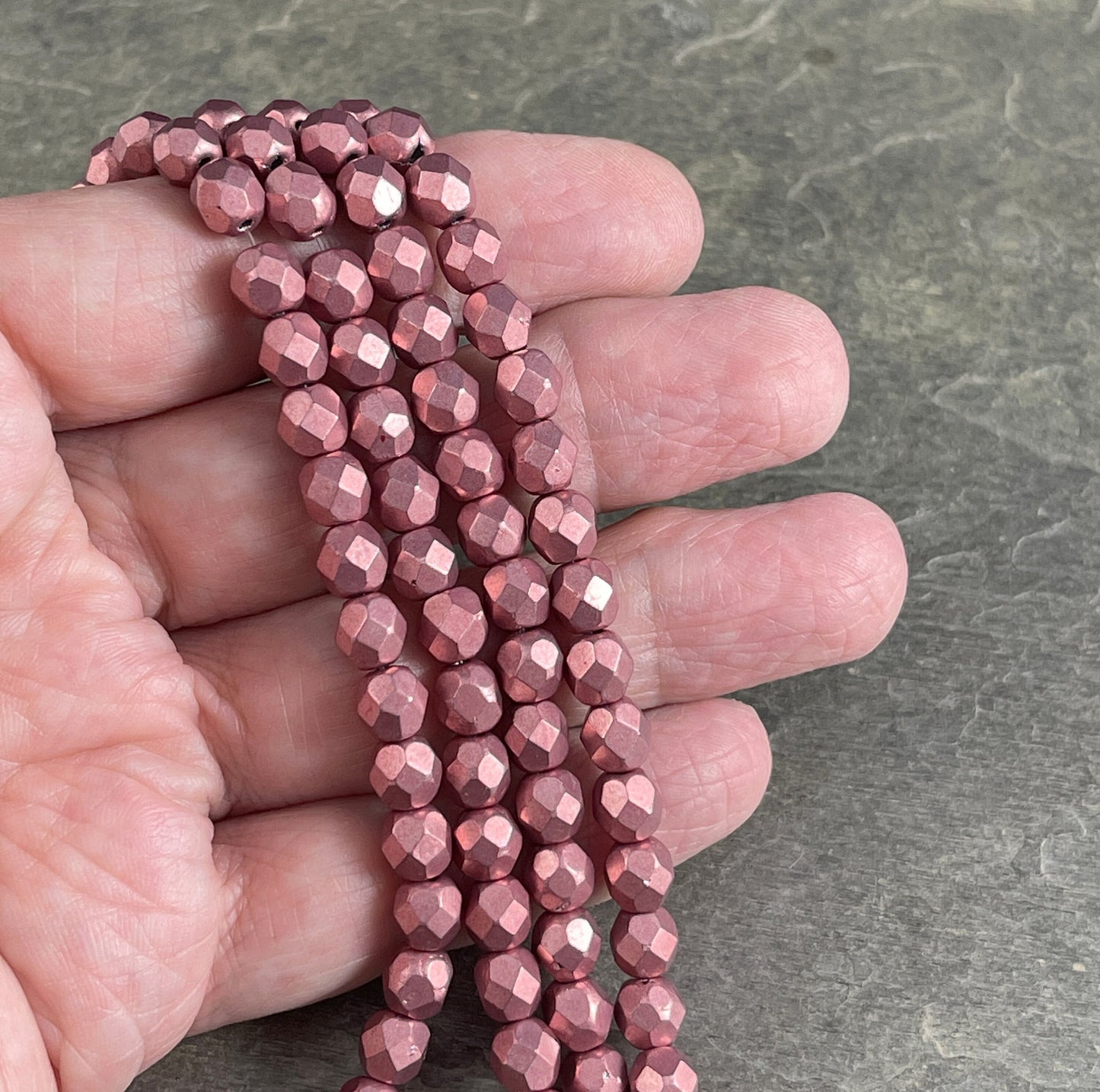 Czech Glass Beads 6mm Pink Metallic Fire Polished Beads 6mm Faceted Round Beads - Light Rose Gold Metallic Beads (FP6/SM-05A07) * Qty. 25