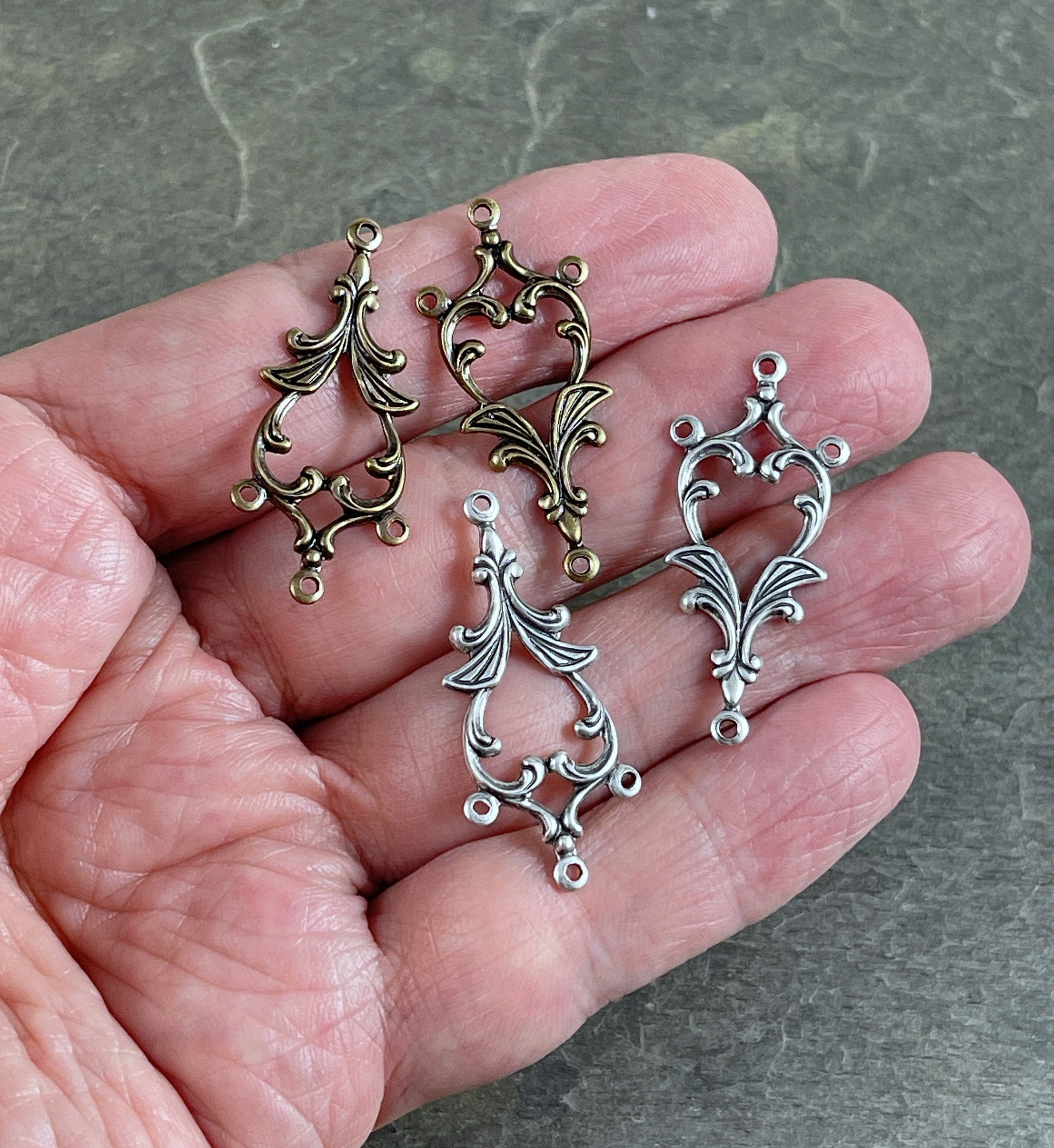 Elaborate Swirls Chandelier Link, Silver or Brass 3-Loop Connector, Lightweight Vintage Style Earring Components (VJS/A651-A98) * Qty. 4