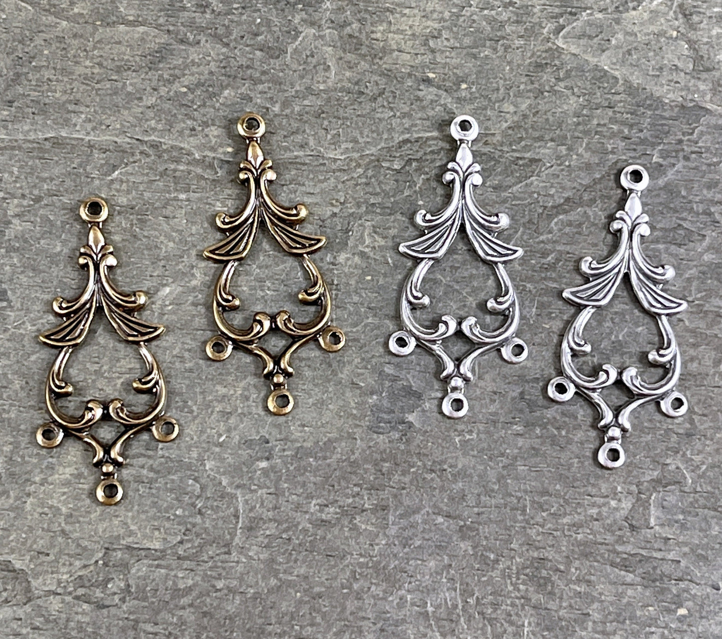 Elaborate Swirls Chandelier Link, Silver or Brass 3-Loop Connector, Lightweight Vintage Style Earring Components (VJS/A651-A98) * Qty. 4