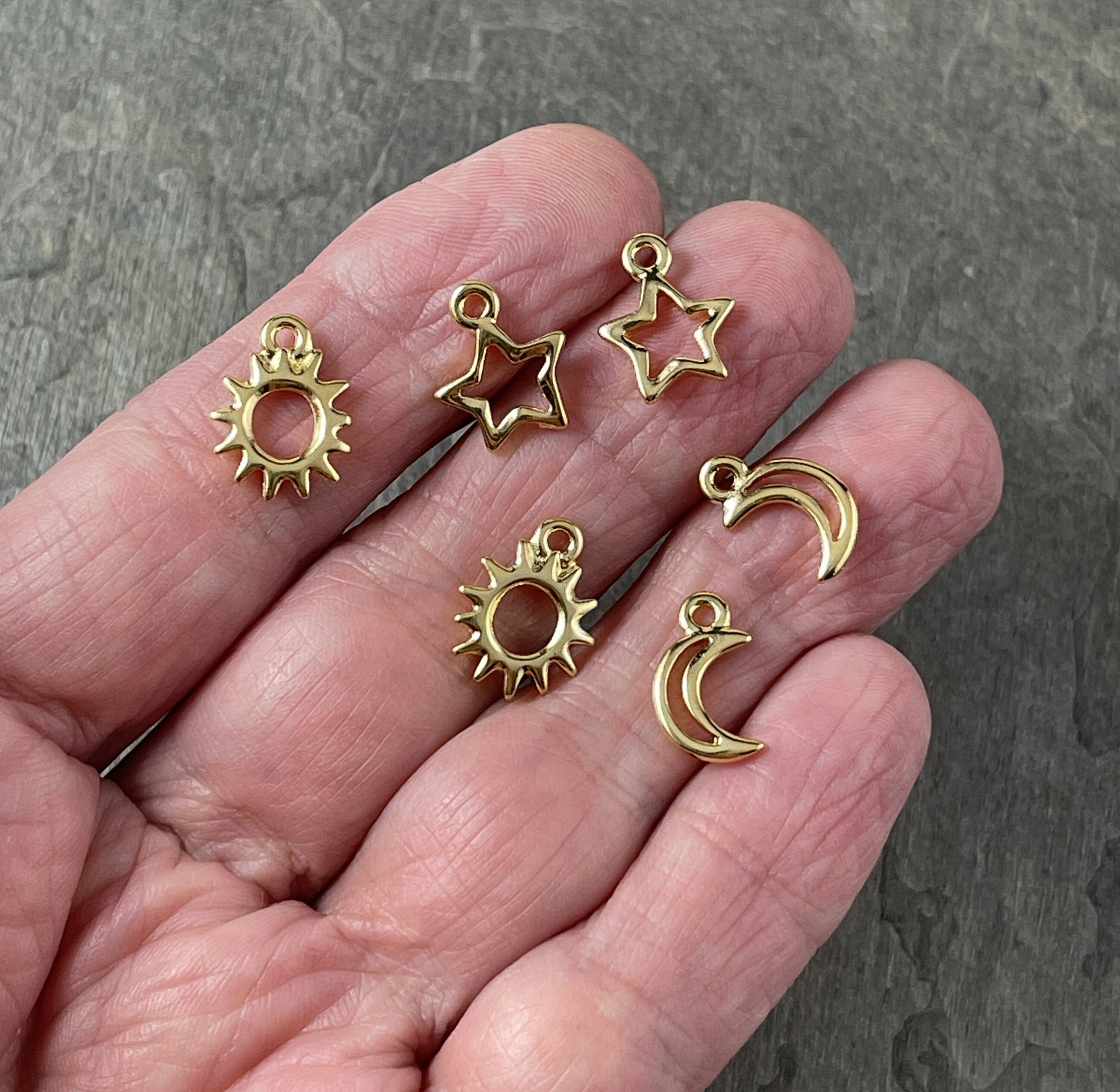 TierraCast Celestial Charms, Sun Charms, Crescent Moon Charms, Star Charms, 24k Gold Plated Findings Charm Bracelet (PF/Celestial) *