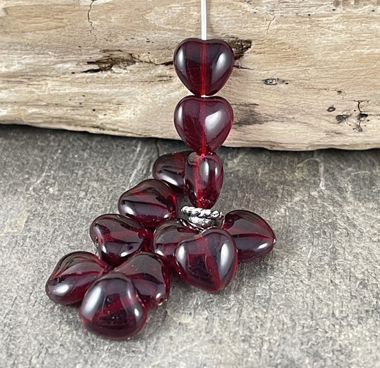 Transparent Dark Red Heart ~ Czech Glass Beads ~ 8mm Puffy Ruby Red Heart Bead ~ "Love" Beads (Heart/9010-8) * Qty. 25