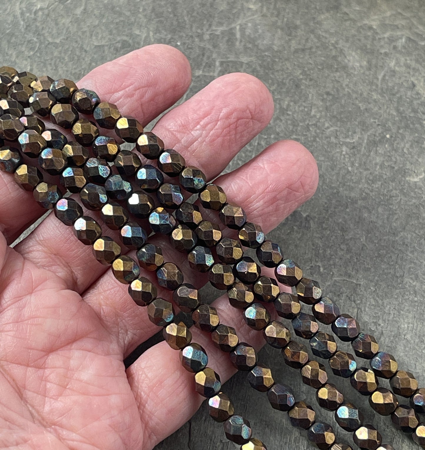Czech Glass Beads - 6mm Faceted Round Beads, Oxidized Bronze Clay, Bronze Iris (FP6/SM-15768) * Qty. 25