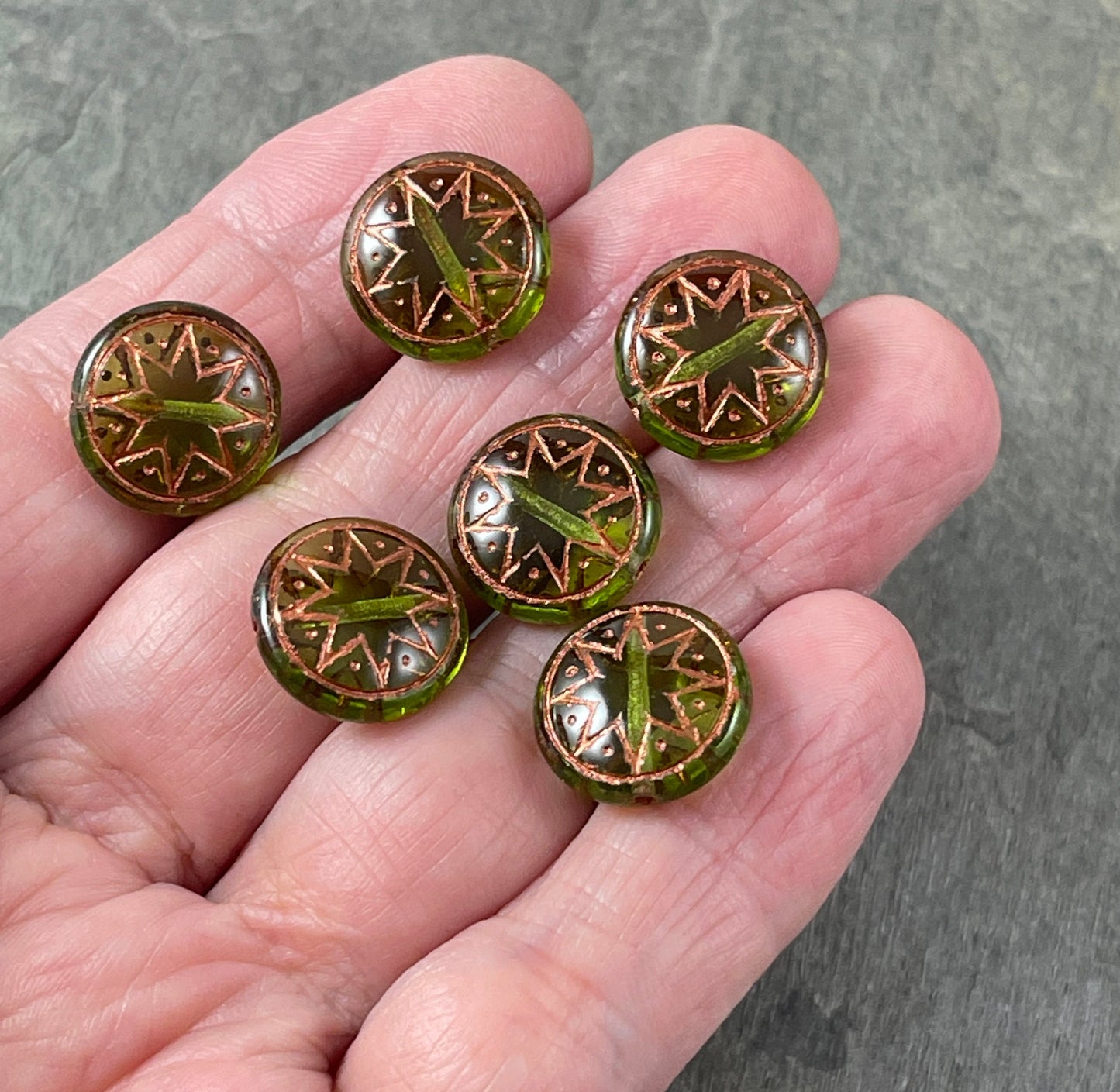 Czech Glass Beads - 14mm Star of Ishtar, Olive Green with Copper Wash (PSOI-36) * Qty. 6