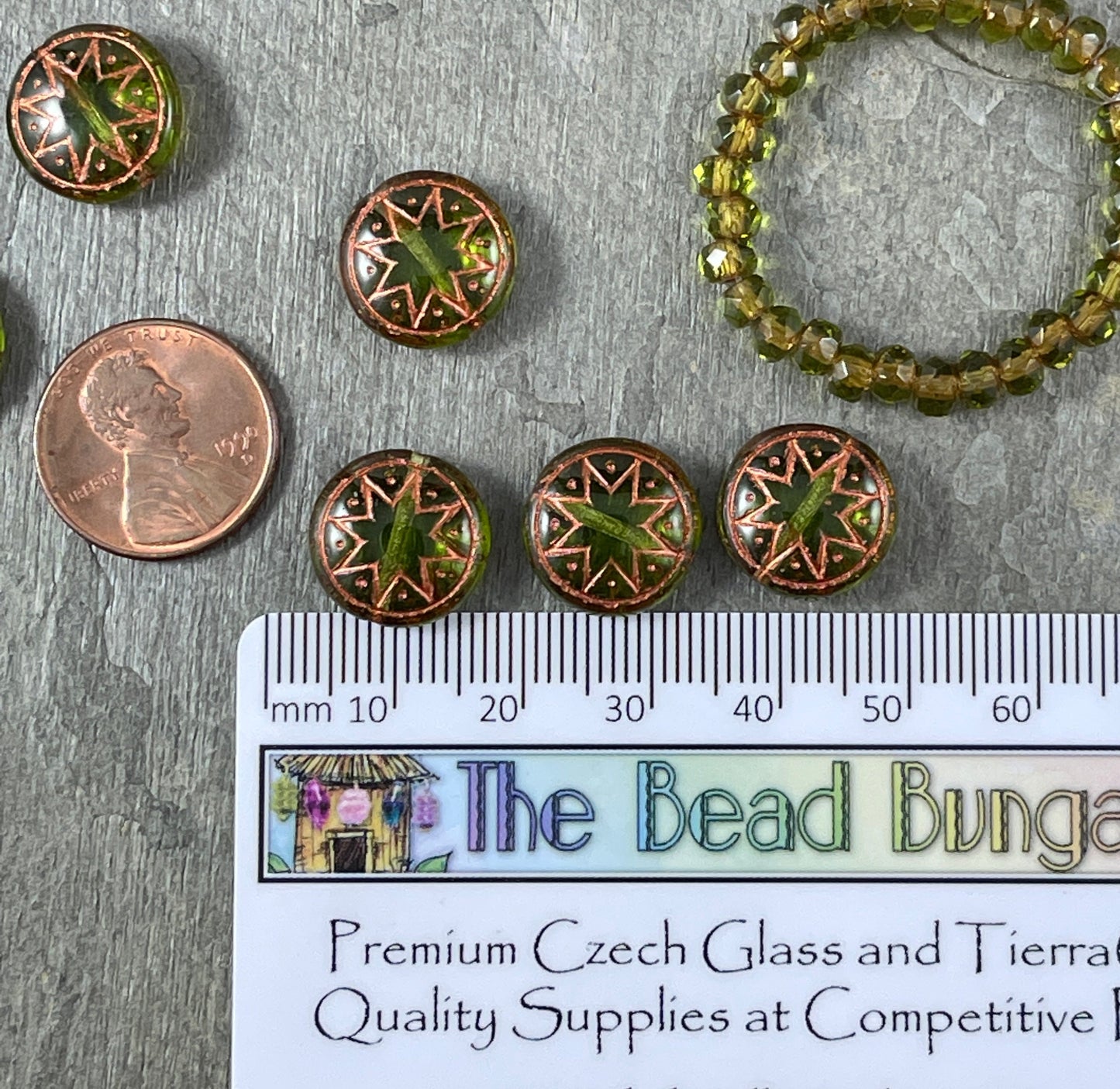 Czech Glass Beads - 14mm Star of Ishtar, Olive Green with Copper Wash (PSOI-36) * Qty. 6