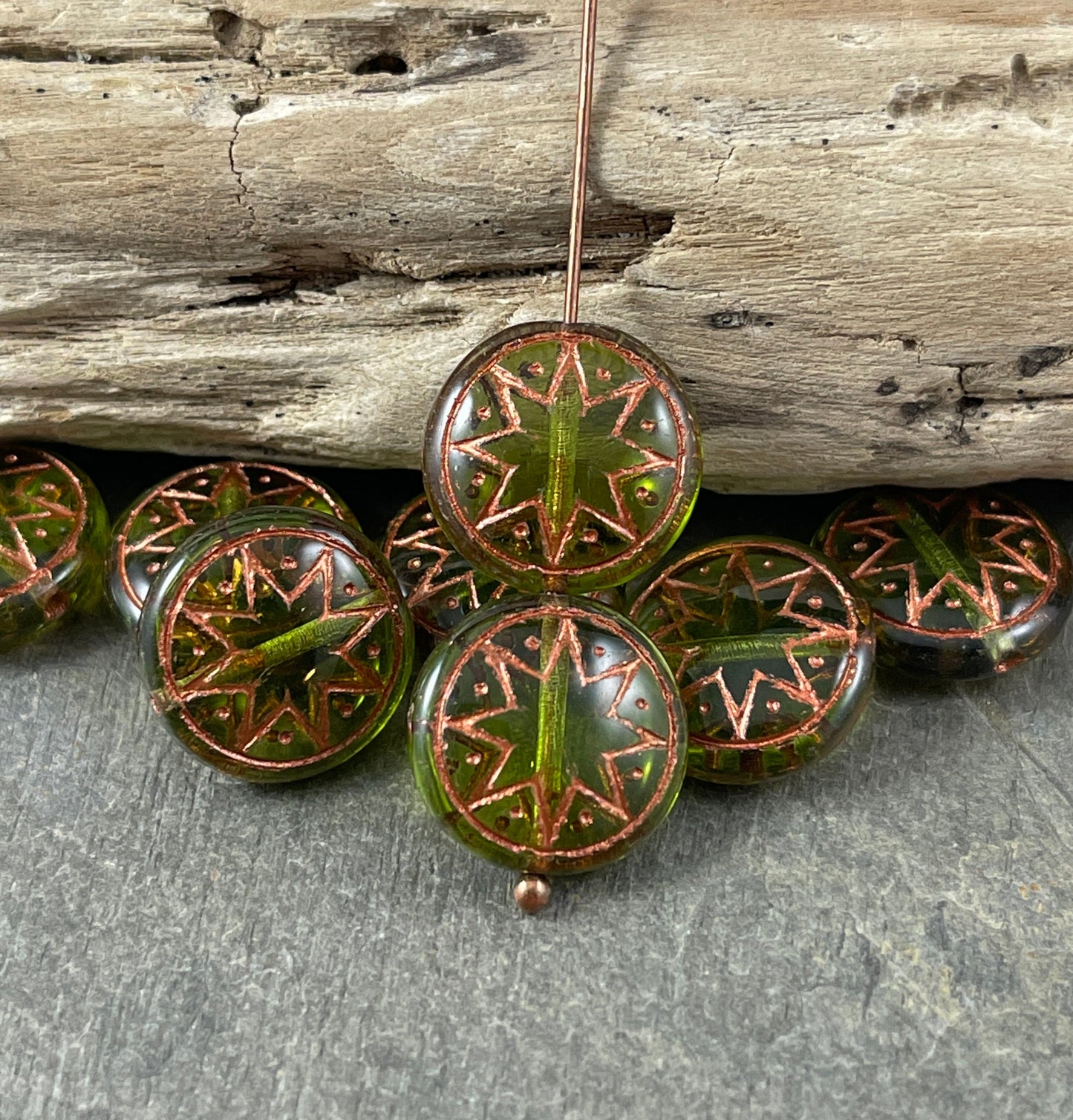 Czech Glass Beads - 14mm Star of Ishtar, Olive Green with Copper Wash (PSOI-36) * Qty. 6