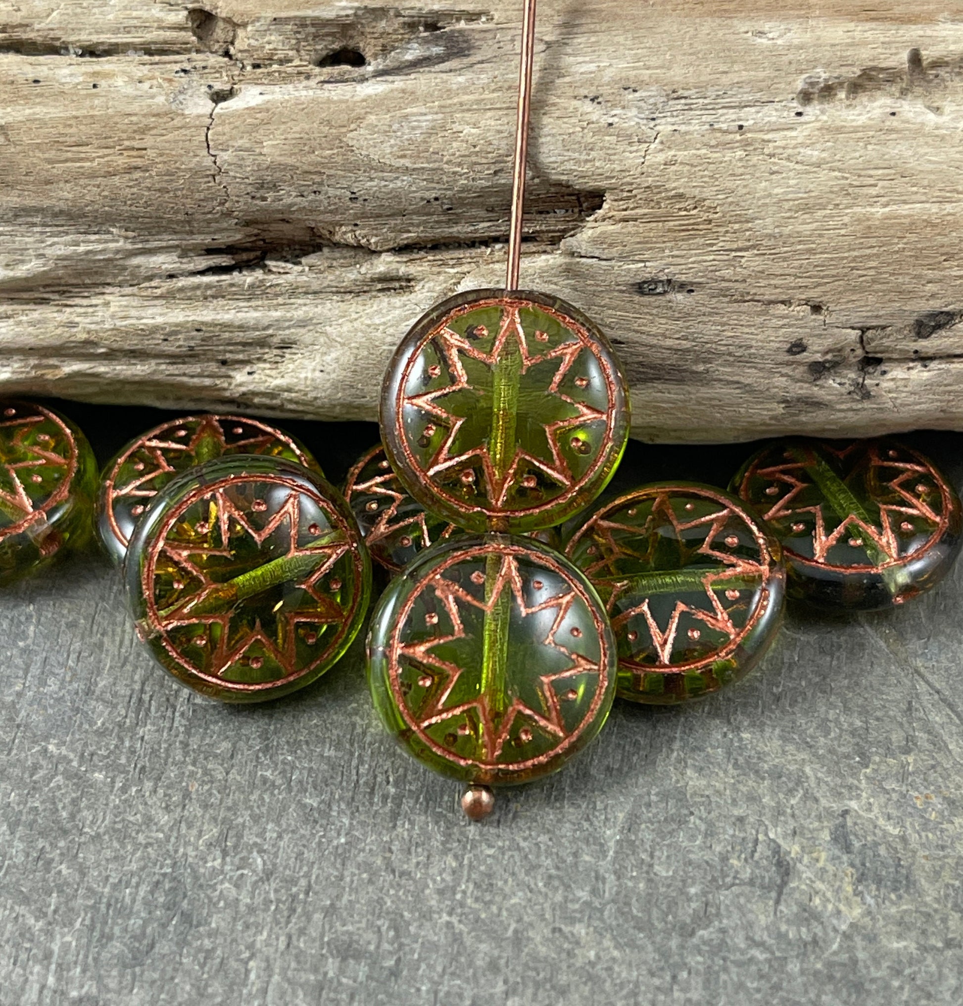 Czech Glass Beads - 14mm Star of Ishtar, Olive Green with Copper Wash (PSOI-36) * Qty. 6