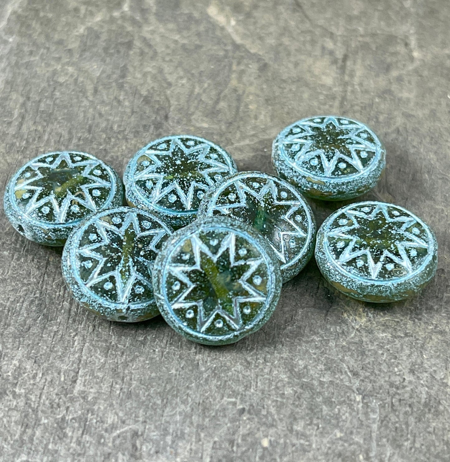 Star of Ishtar - Czech Glass Beads Matte Kiwi Green with a Turquoise Wash Picasso Beads Star of Ishtar Beads (PSOI-41) * Qty. 4