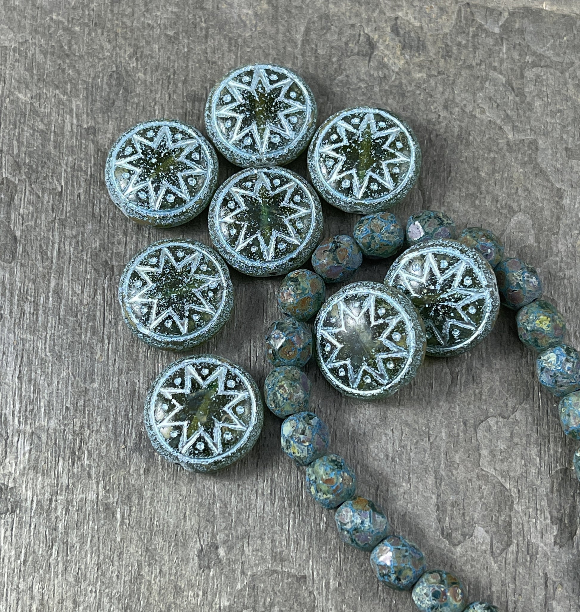 Star of Ishtar - Czech Glass Beads Matte Kiwi Green with a Turquoise Wash Picasso Beads Star of Ishtar Beads (PSOI-41) * Qty. 4