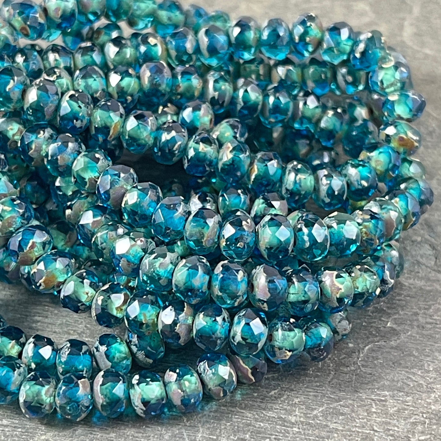 Czech Glass Beads - Pacific Blue 5x3mm Faceted Rondelle, Transparent Ocean Blue Picasso (R5/N-1357) * Qty. 30