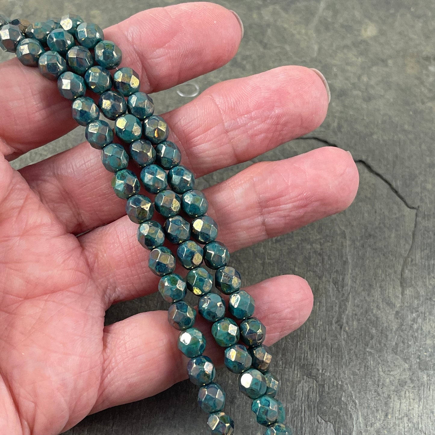 Czech Glass Beads, 6mm Faceted Round Beads - Persian Turquoise with Bronze Picasso Fire Polished Beads (FP6/SM-BT6315) * Qty. 25