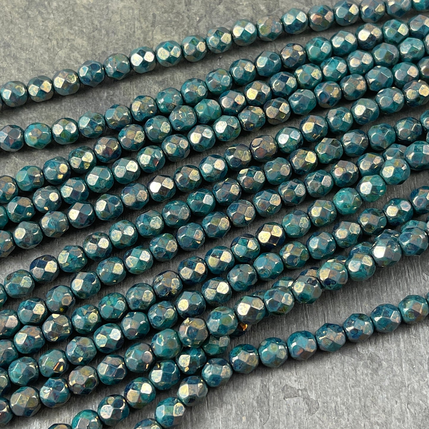 Czech Glass Beads, 6mm Faceted Round Beads - Persian Turquoise with Bronze Picasso Fire Polished Beads (FP6/SM-BT6315) * Qty. 25