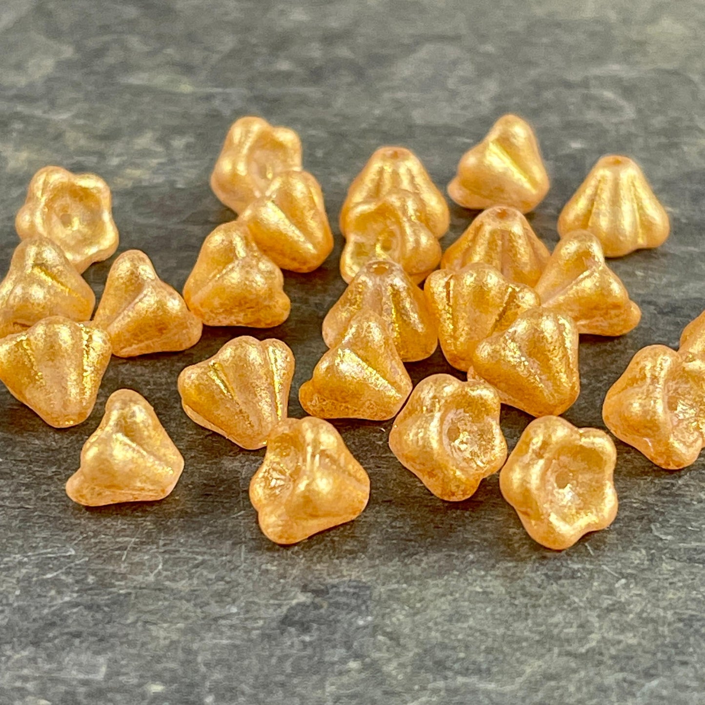 Czech Glass Beads - 6x8mm Golden Yellow Shimmer Glass Bell Flower ~ Yellow Flower Beads (BF/SM-S18C7010) * Qty. 25