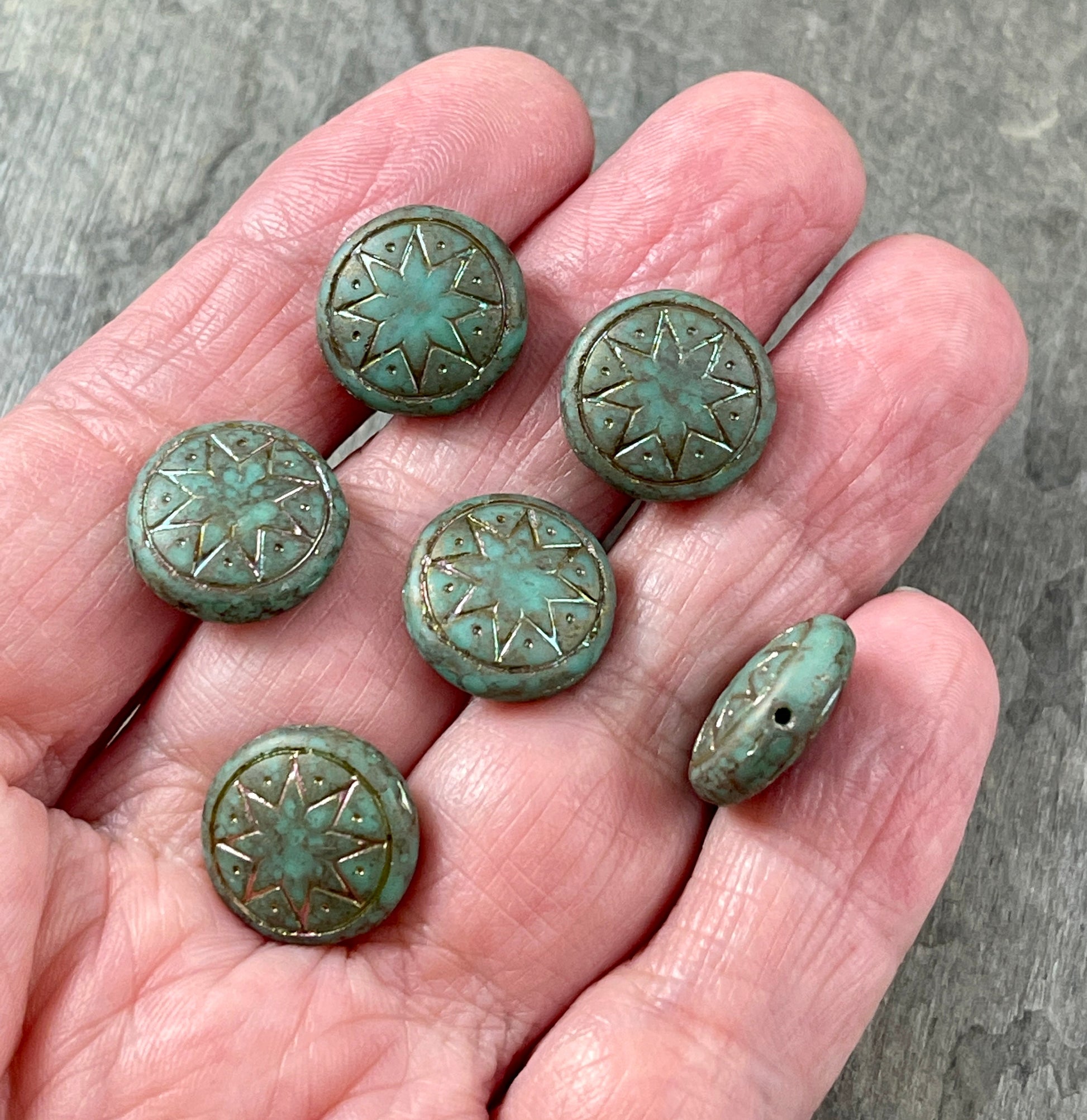 Czech Glass Beads - 14mm Star of Ishtar, Matte Jade Green with AB Finish (PSOI-1) * Qty. 6