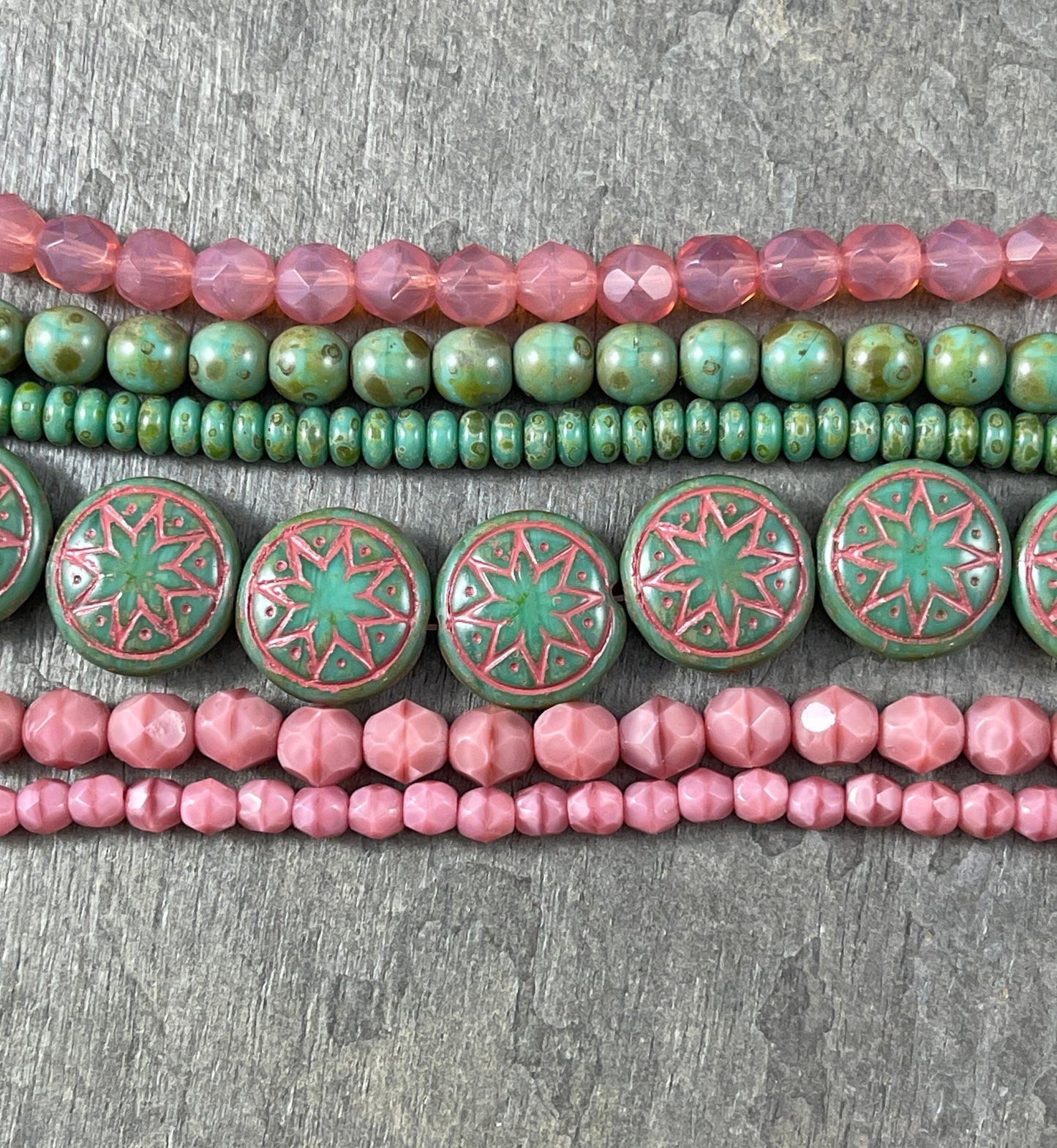 Star of Ishtar - Opaque Green Czech Glass Beads with a Pink Wash, Green Picasso Beads, Grass Green Star of Ishtar (PSOI-14) * Qty. 4