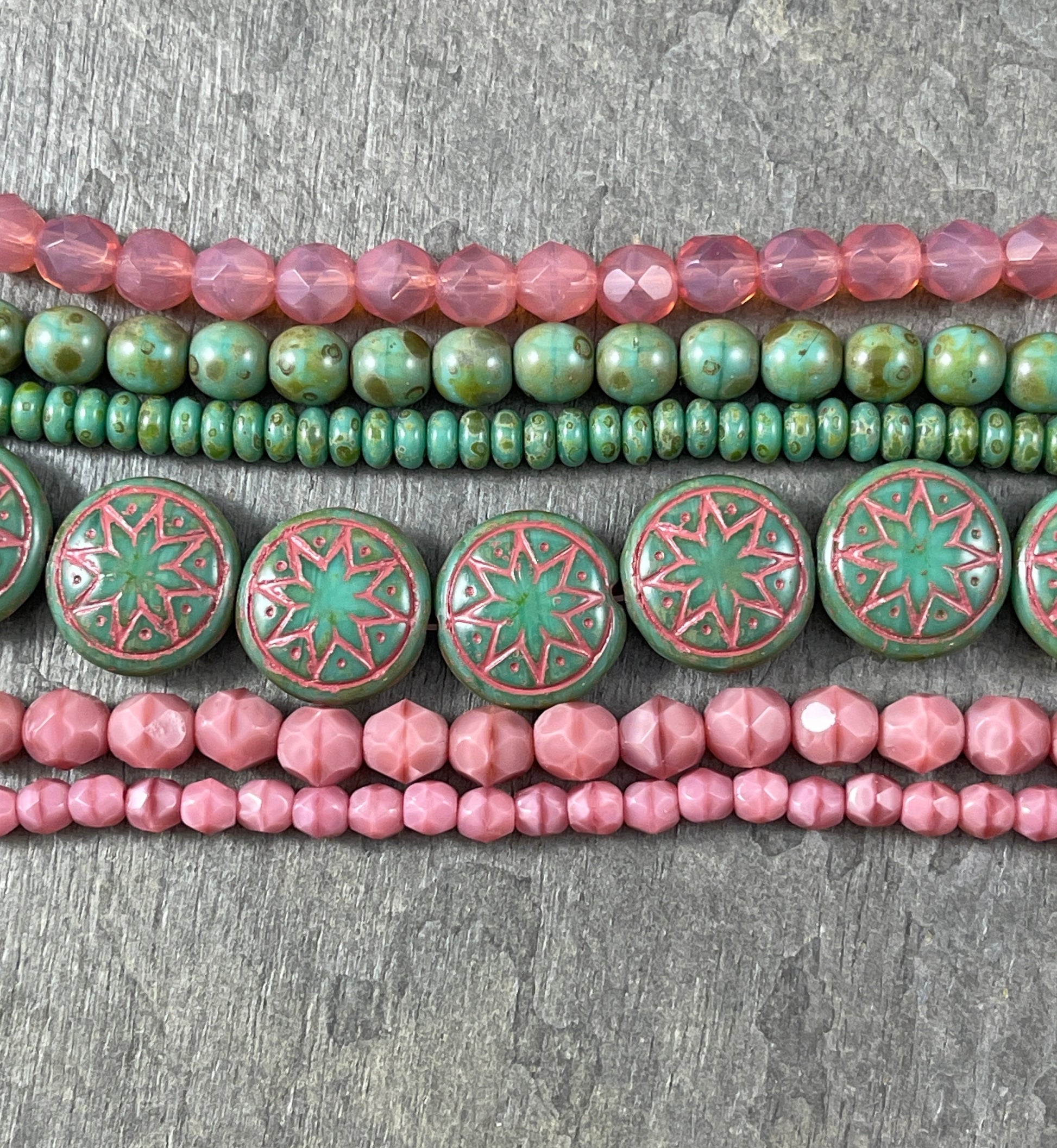 Star of Ishtar - Opaque Green Czech Glass Beads with a Pink Wash, Green Picasso Beads, Grass Green Star of Ishtar (PSOI-14) * Qty. 4