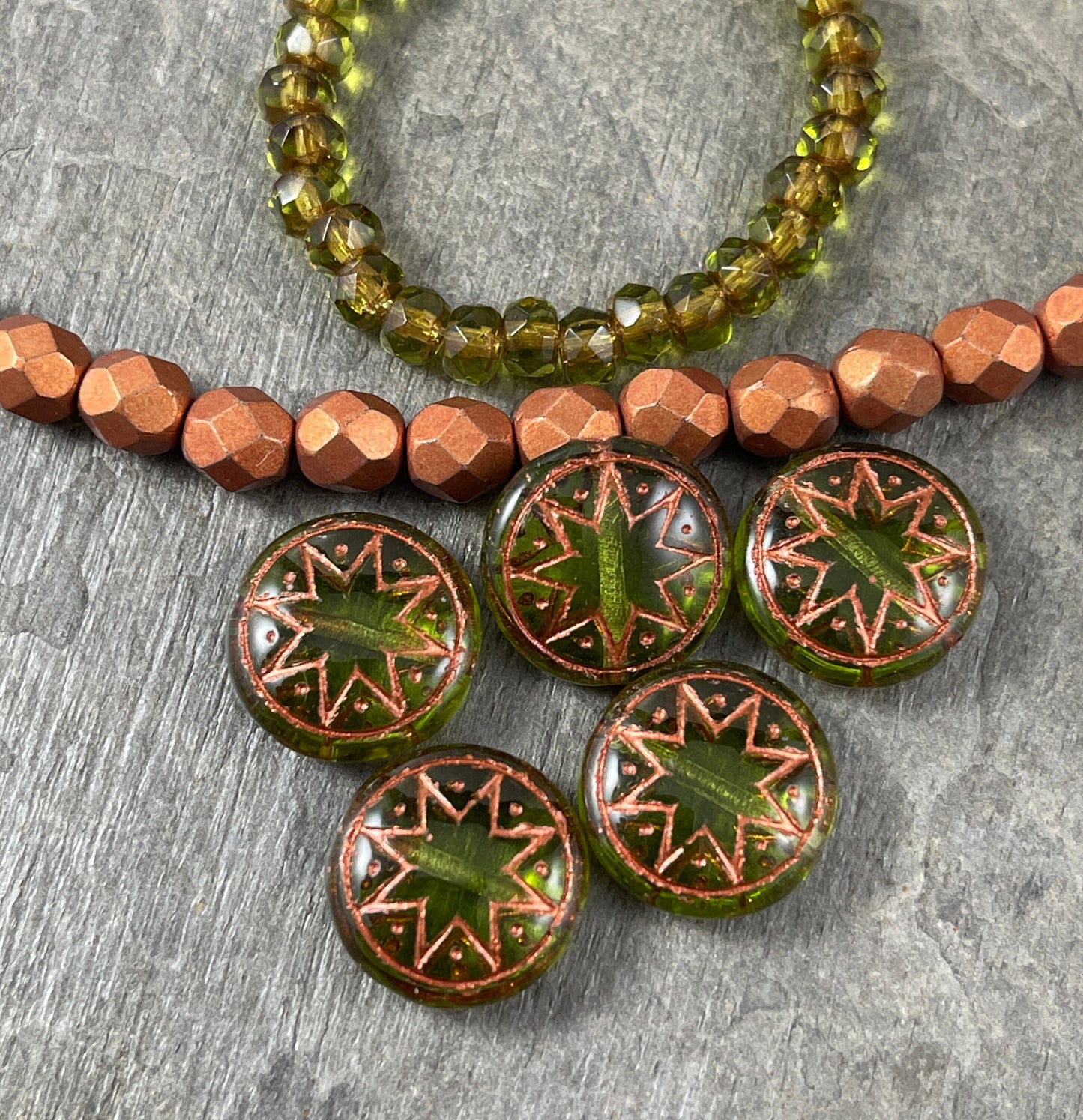 Czech Glass Beads - 14mm Star of Ishtar, Olive Green with Copper Wash (PSOI-36) * Qty. 6