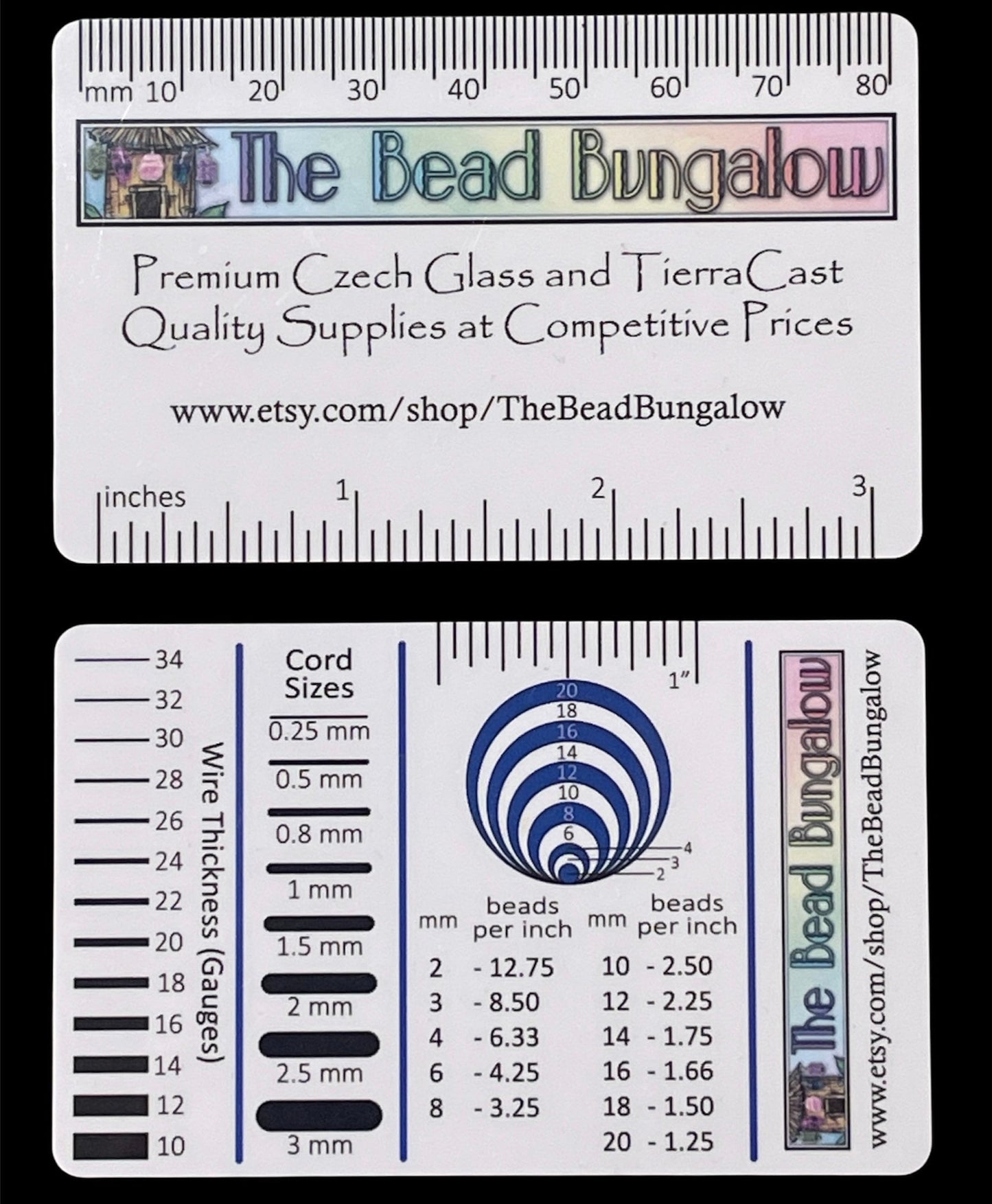 Jewelry Makers Tool ~ Measuring Guide (Credit Card Size) for Measuring Beads, Wire, Cord, Beads per Inch, Centimeters, Millimeters, Gauges