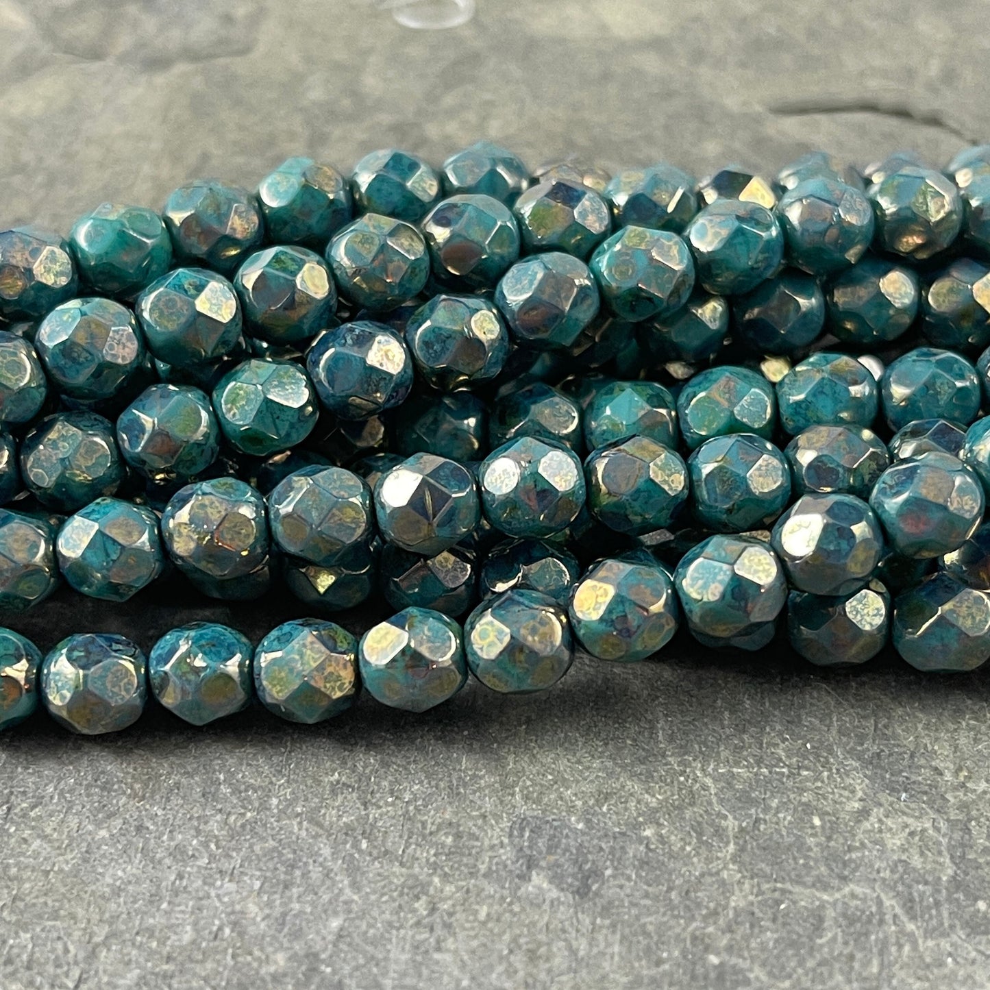 Czech Glass Beads, 6mm Faceted Round Beads - Persian Turquoise with Bronze Picasso Fire Polished Beads (FP6/SM-BT6315) * Qty. 25