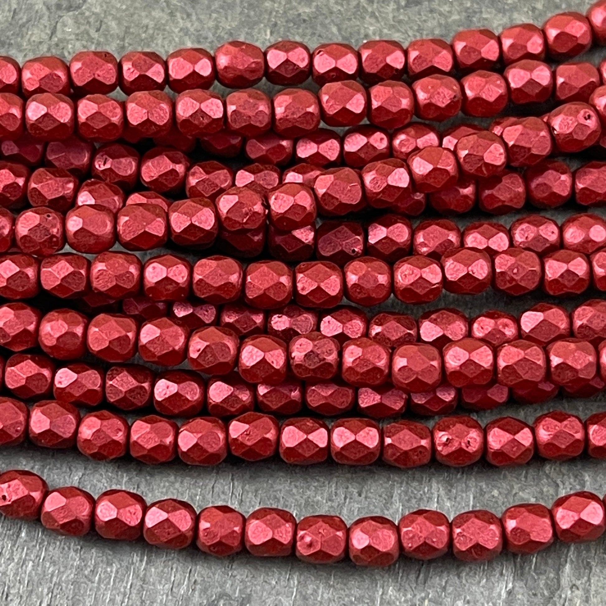 Czech Glass Beads - 4mm Matte Metallic Red Beads, Metallic Lava Faceted Round Beads (FP4/SM-K0189) - Qty. 50