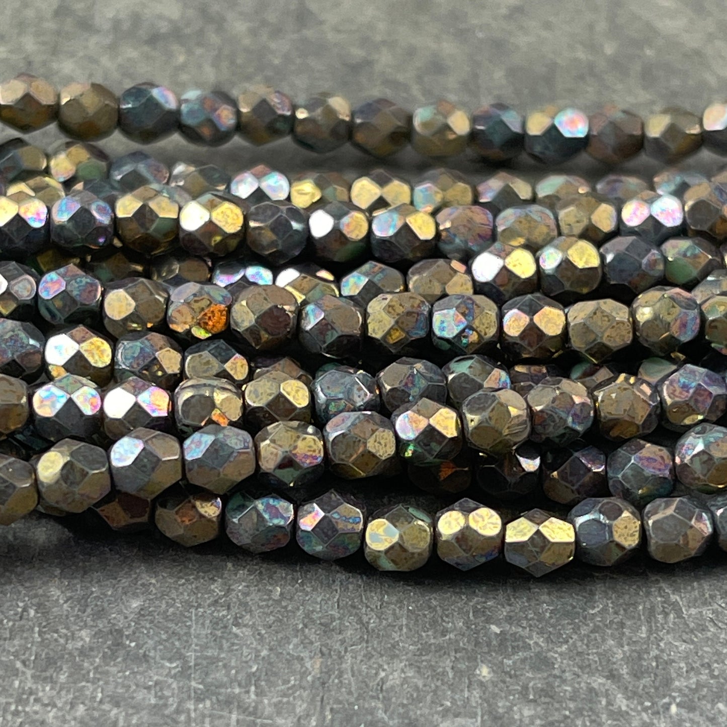 Oxidized Bronze Clay Czech Glass Beads - 4mm Metallic Faceted Round Beads - Bronze Iris Glass Beads (FP4/SM-15768) * Qty. 50