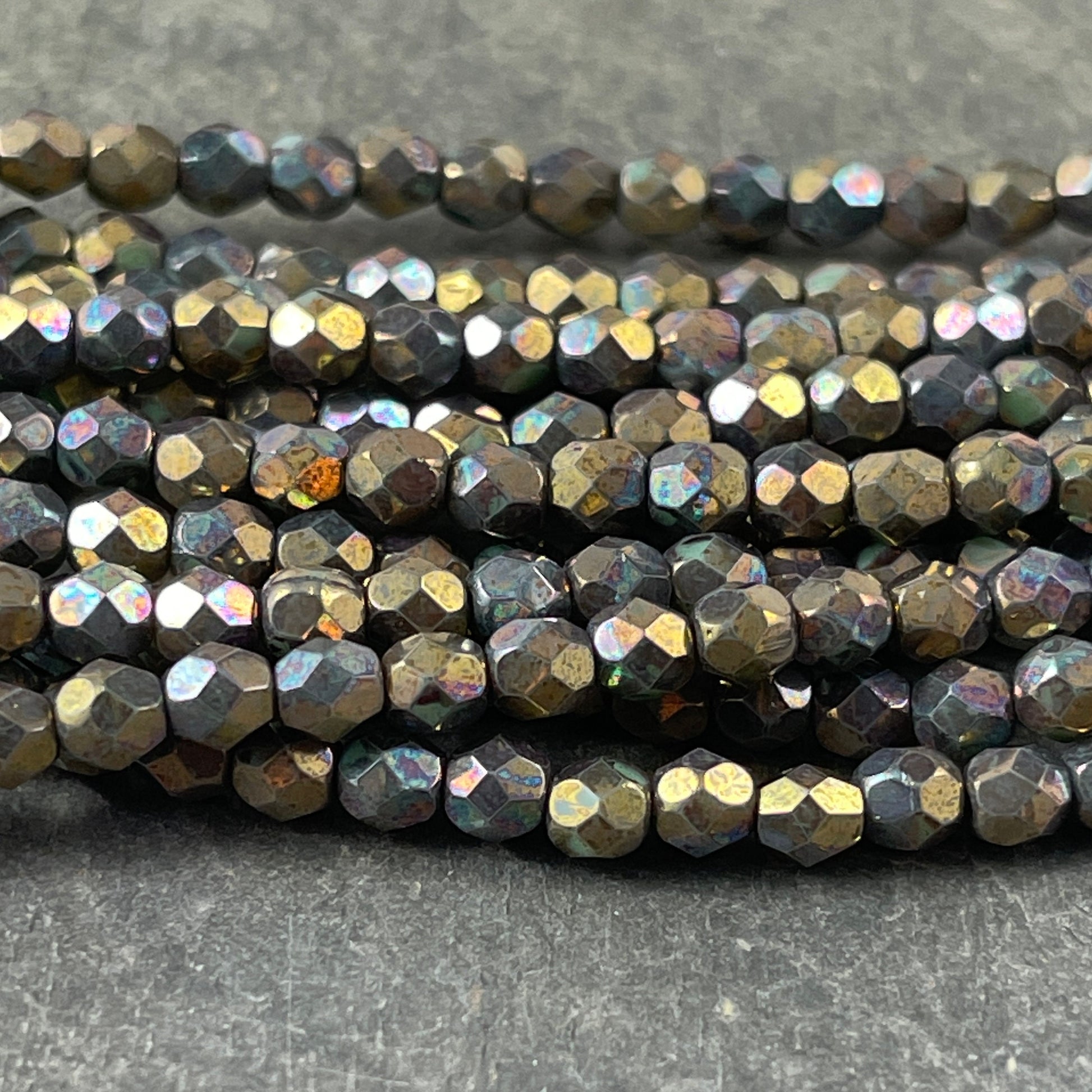 Oxidized Bronze Clay Czech Glass Beads - 4mm Metallic Faceted Round Beads - Bronze Iris Glass Beads (FP4/SM-15768) * Qty. 50