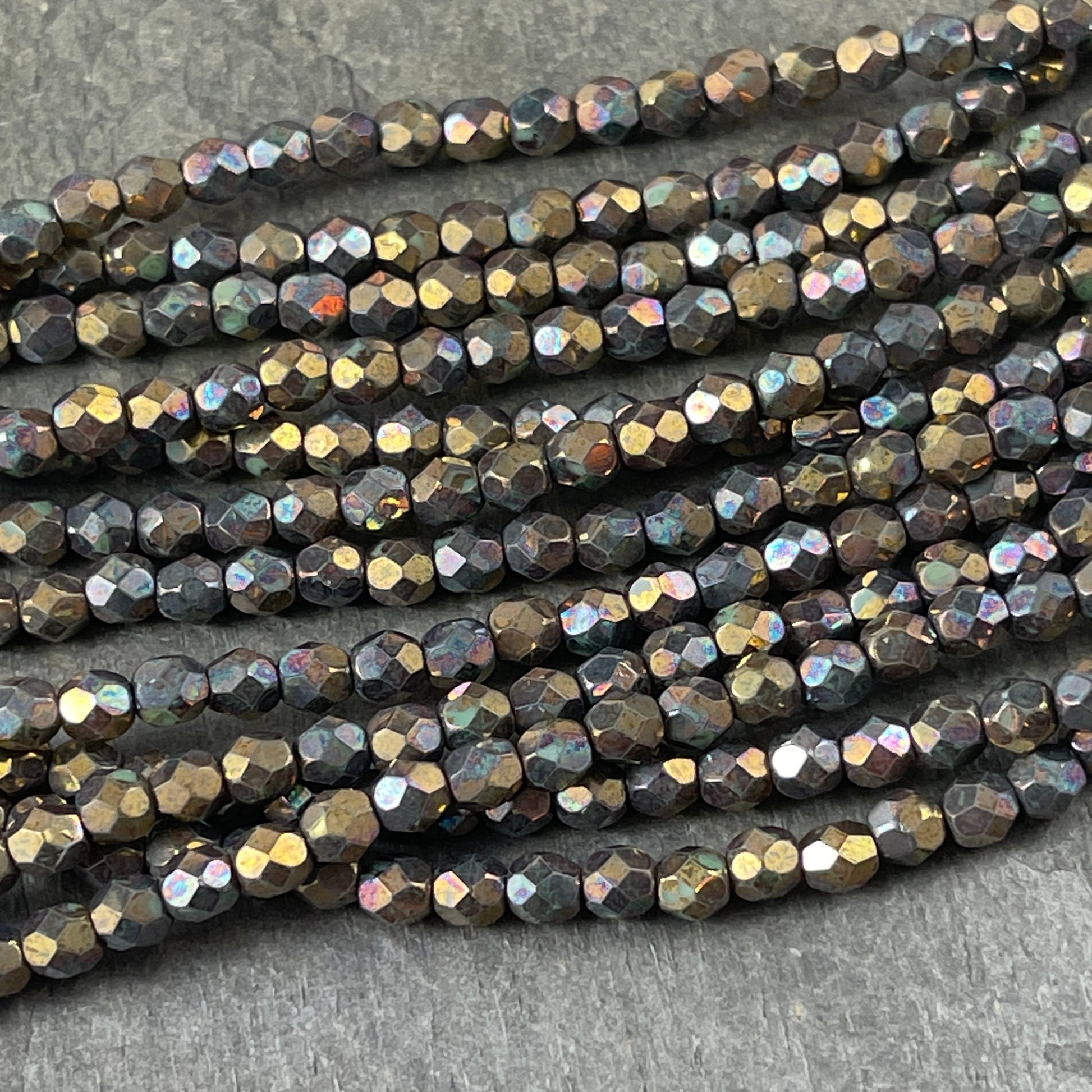 Oxidized Bronze Clay Czech Glass Beads - 4mm Metallic Faceted Round Beads - Bronze Iris Glass Beads (FP4/SM-15768) * Qty. 50