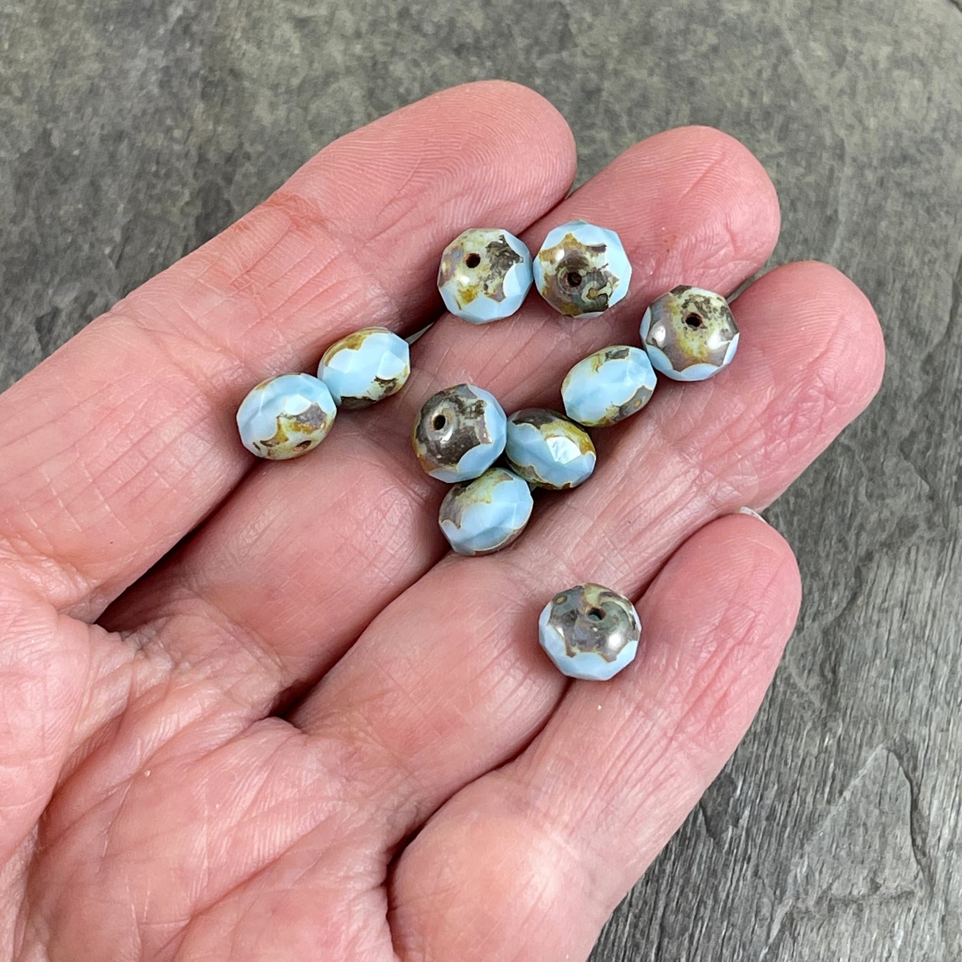 Baby Blue Rondelles, Czech Beads, 8x6mm Rondelle, Czech Glass Beads - Light Blue Silk Picasso Beads (R8/N-0560) * Qty. 25