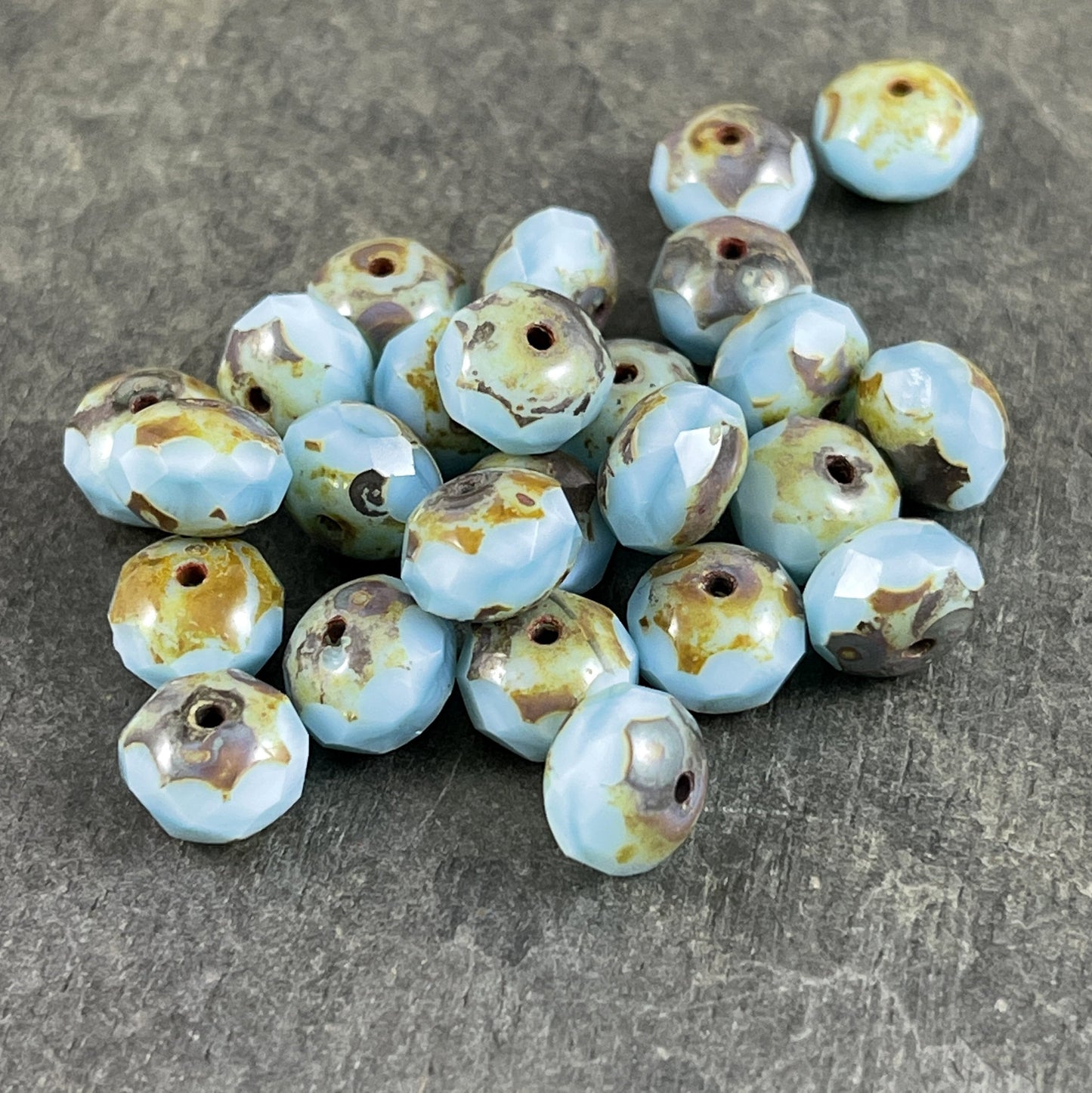 Baby Blue Rondelles, Czech Beads, 8x6mm Rondelle, Czech Glass Beads - Light Blue Silk Picasso Beads (R8/N-0560) * Qty. 25