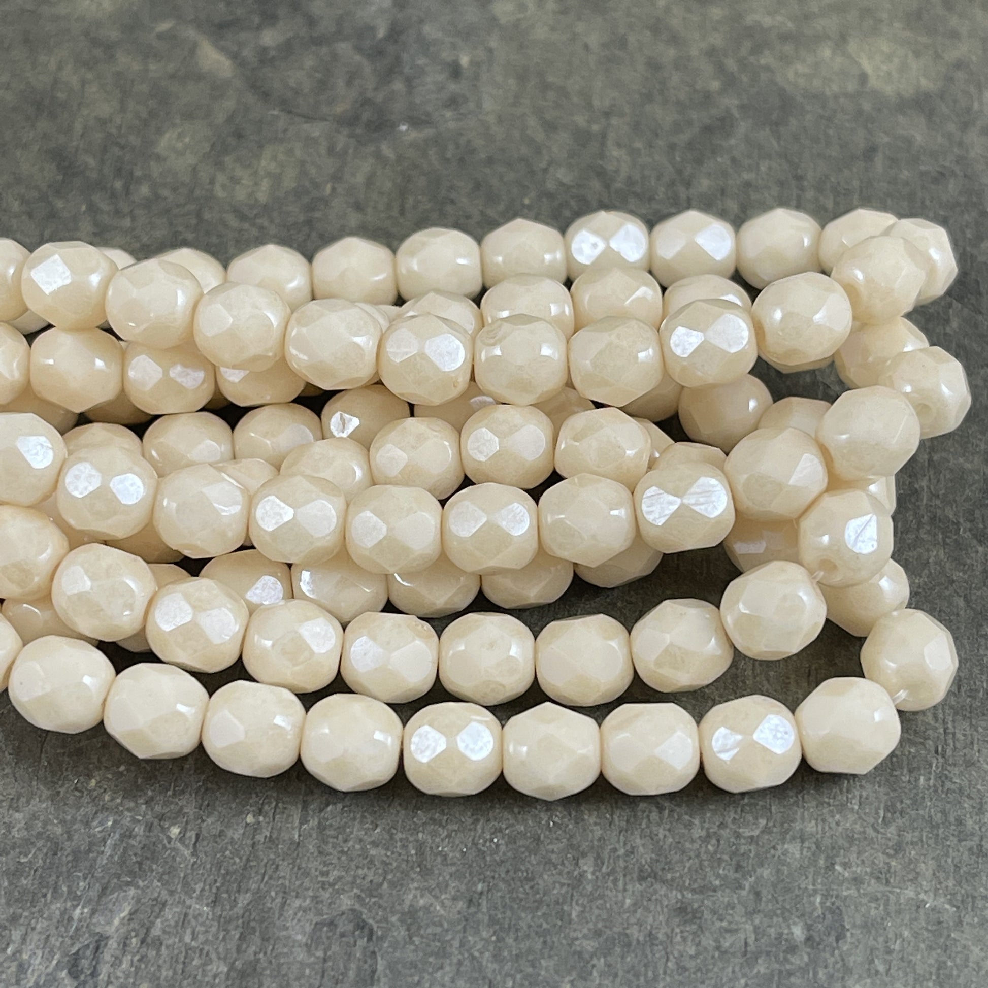 Opaque Beige Czech Glass Beads, 6mm Beige Luster Fire Polished Faceted Round Beads (FP6/N-006) * Qty. 25