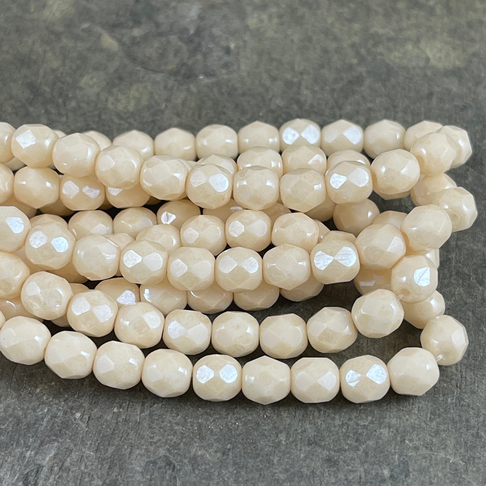 Opaque Beige Czech Glass Beads, 6mm Beige Luster Fire Polished Faceted Round Beads (FP6/N-006) * Qty. 25