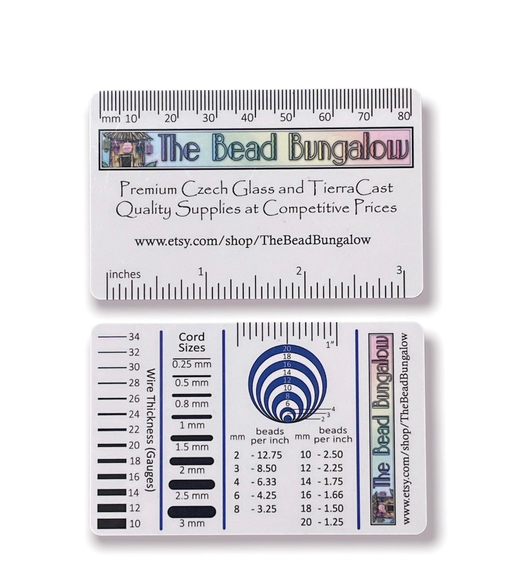 Jewelry Makers Tool ~ Measuring Guide (Credit Card Size) for Measuring Beads, Wire, Cord, Beads per Inch, Centimeters, Millimeters, Gauges