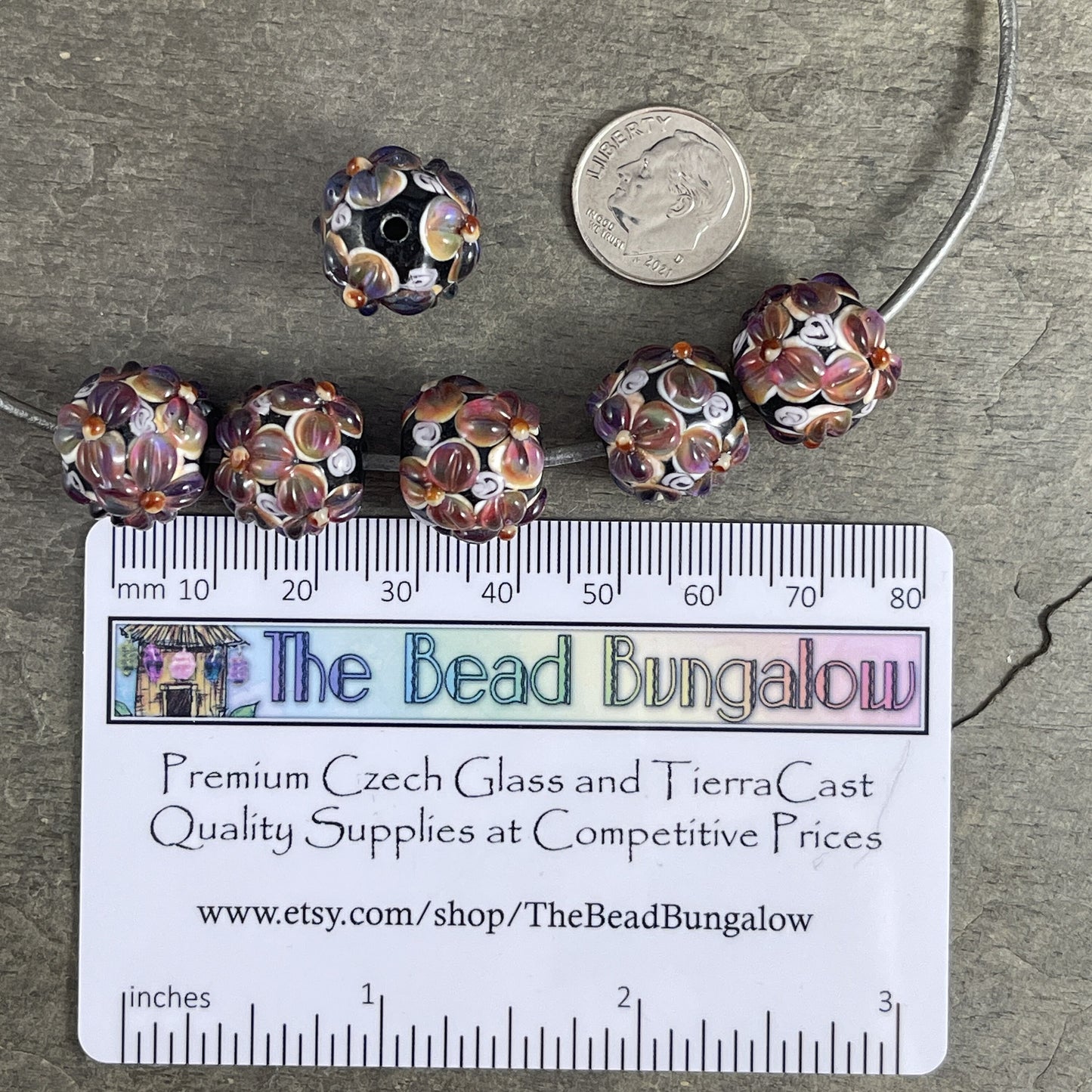 Lavender and Black Lampwork Beads, Two-tone Flower Beads, 14mm Round Floral Theme Beads * Qty. 2
