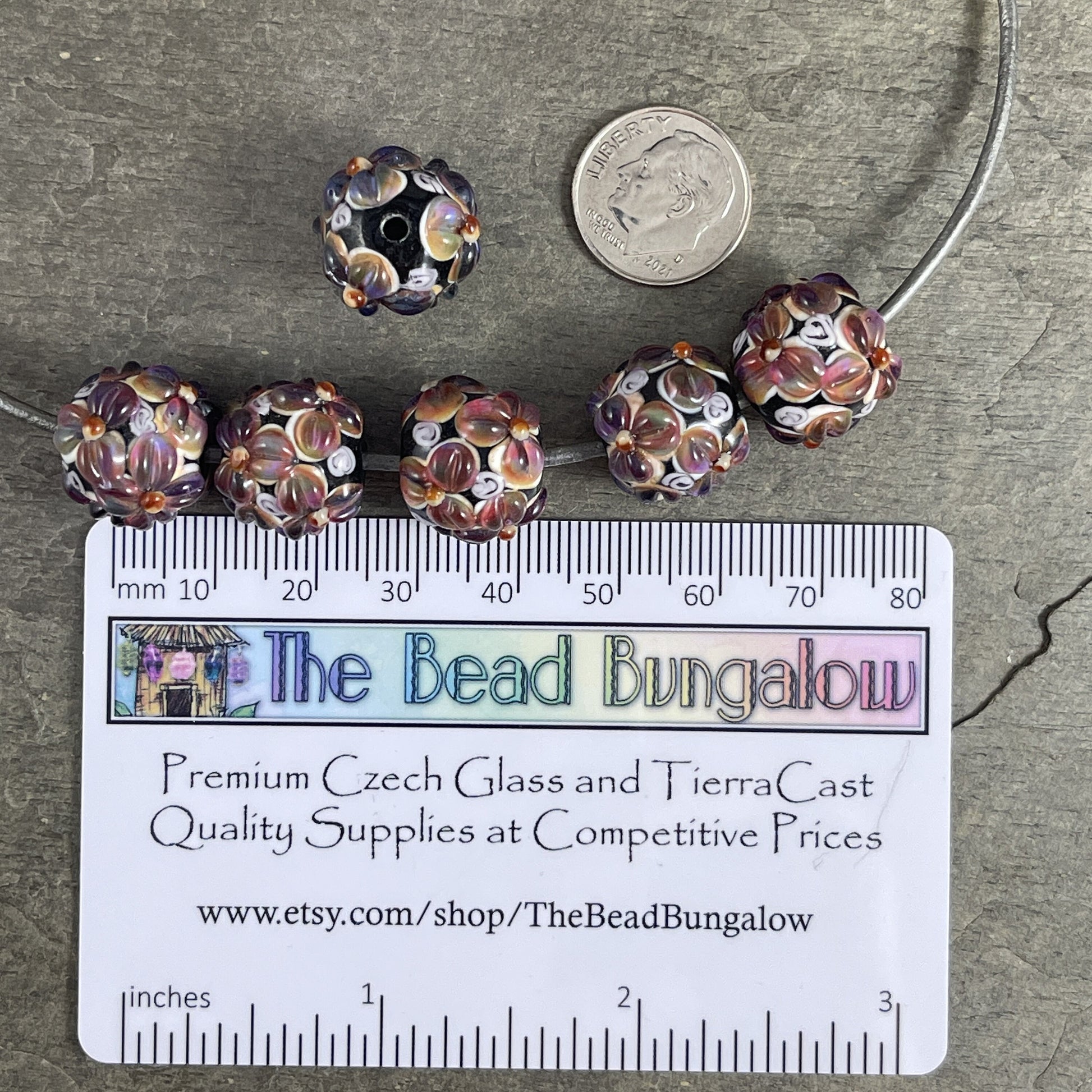 Lavender and Black Lampwork Beads, Two-tone Flower Beads, 14mm Round Floral Theme Beads * Qty. 2