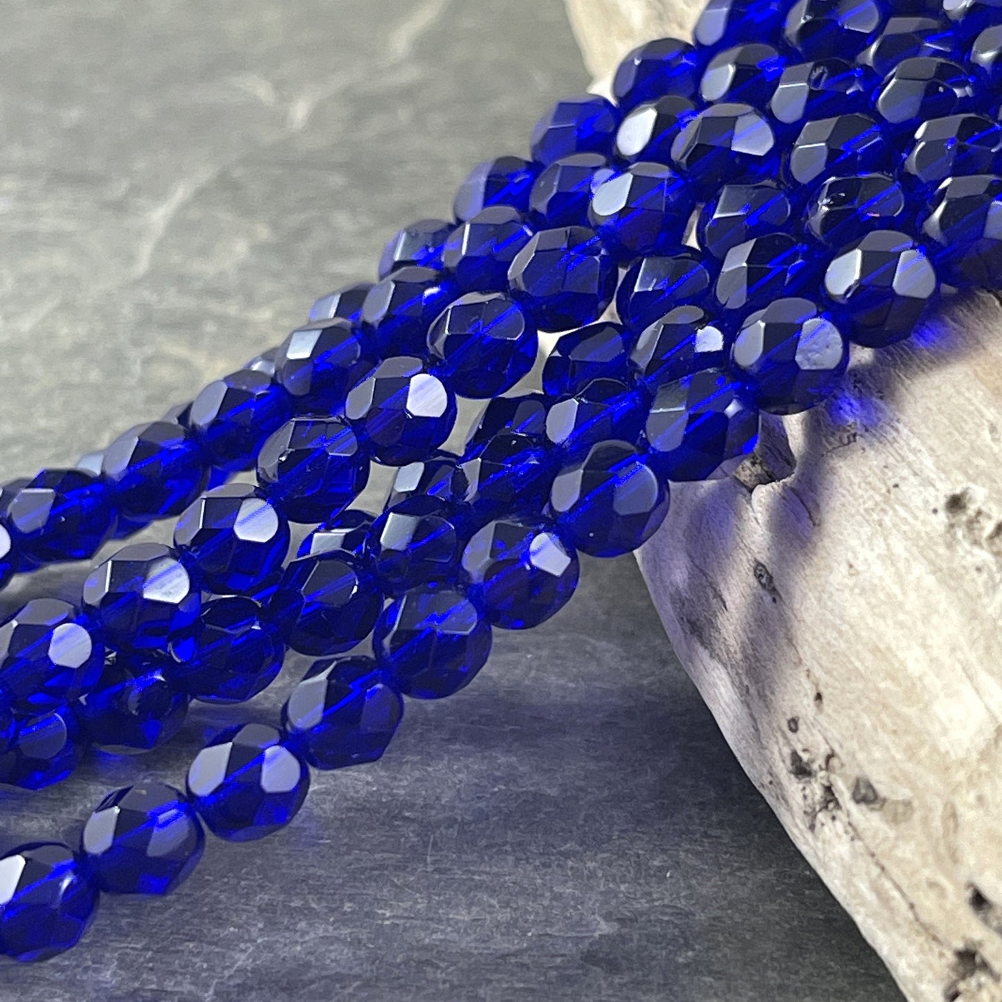 Cobalt Blue Czech Beads, 6mm Czech Glass Fire Polished Beads, Transparent Cobalt Faceted Round Glass Beads (FP6/SM-3009) * Qty. 25